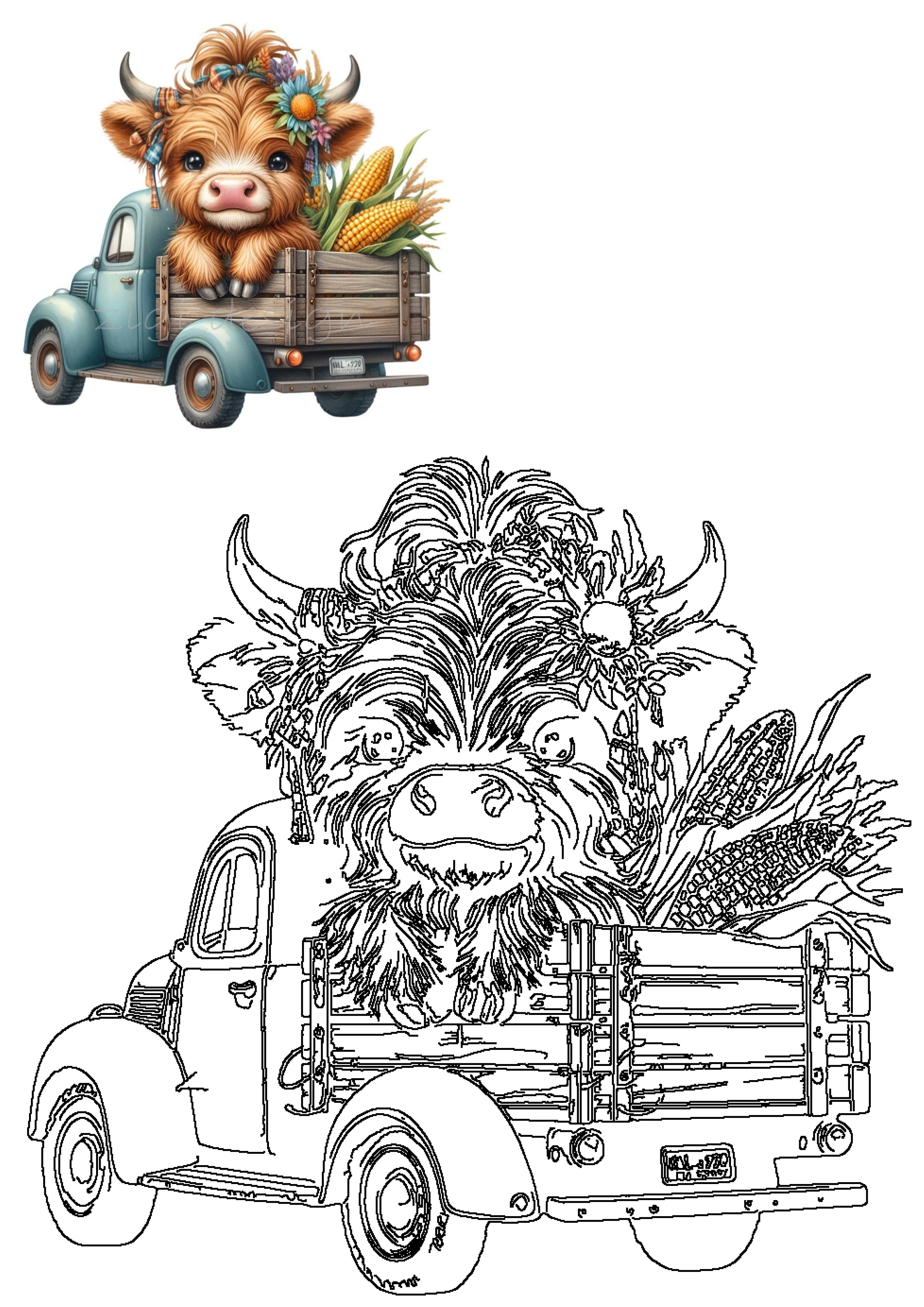 Cute fluffy Highland cow calf with floral wreath in a vintage blue pickup truck packed with corn, perfect for Thanksgiving harvest art.