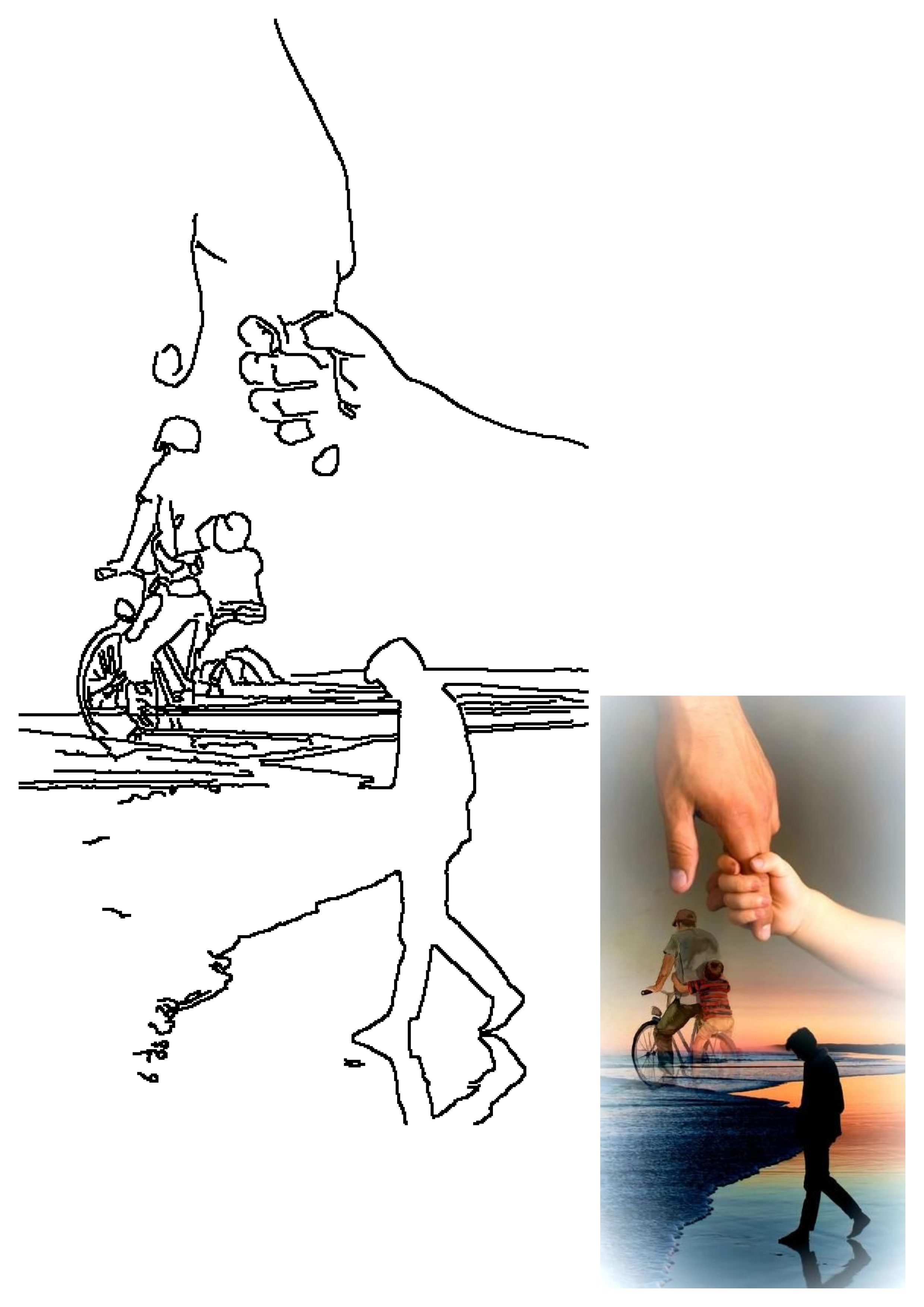 Touching illustration of a parent holding a child's hand, joyful cycling, and a serene walk on the beach at sunset.