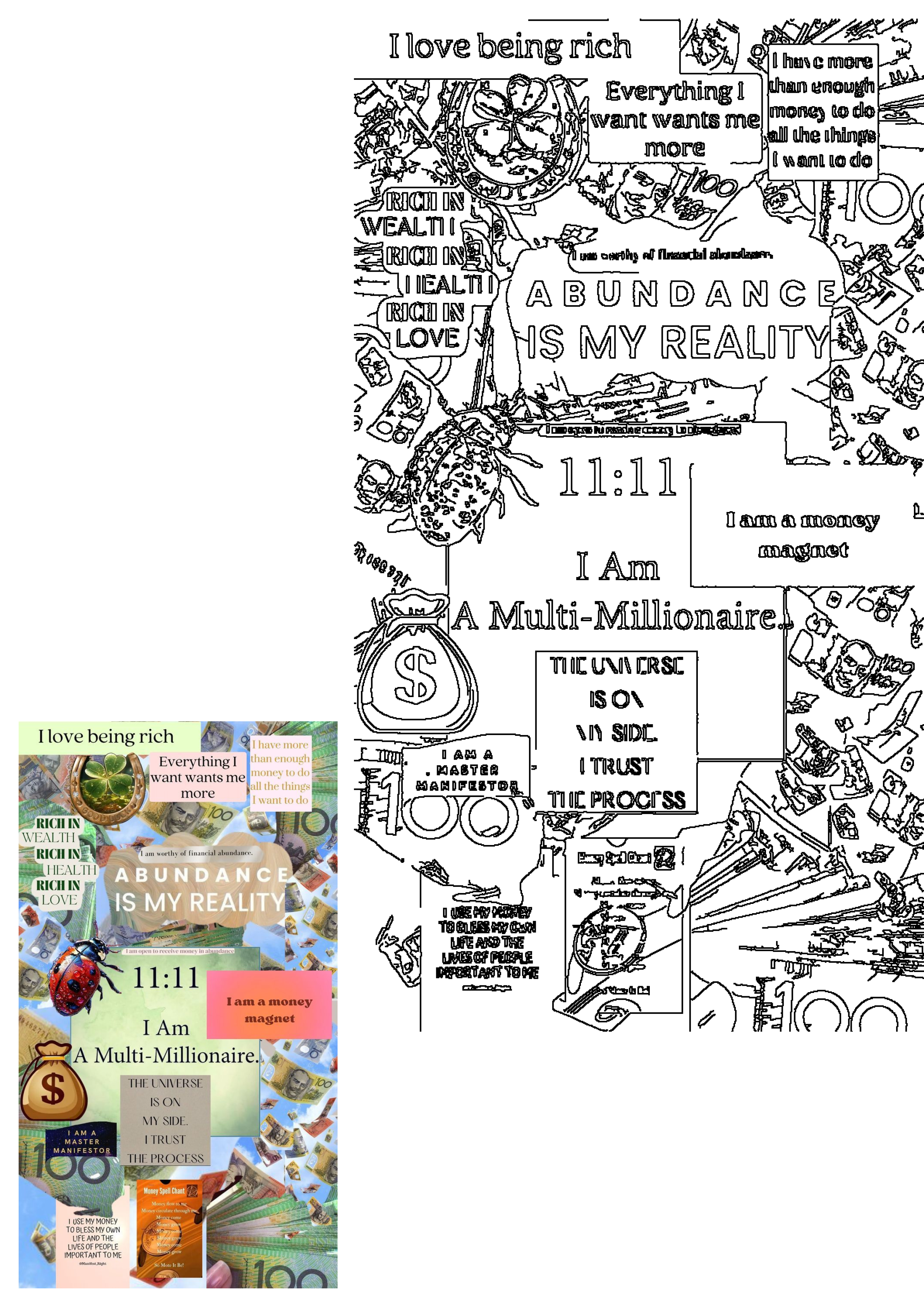 Abundance affirmations and money manifestation collage for a positive mindset, featuring banknotes, lucky charms, and wealth quotes.