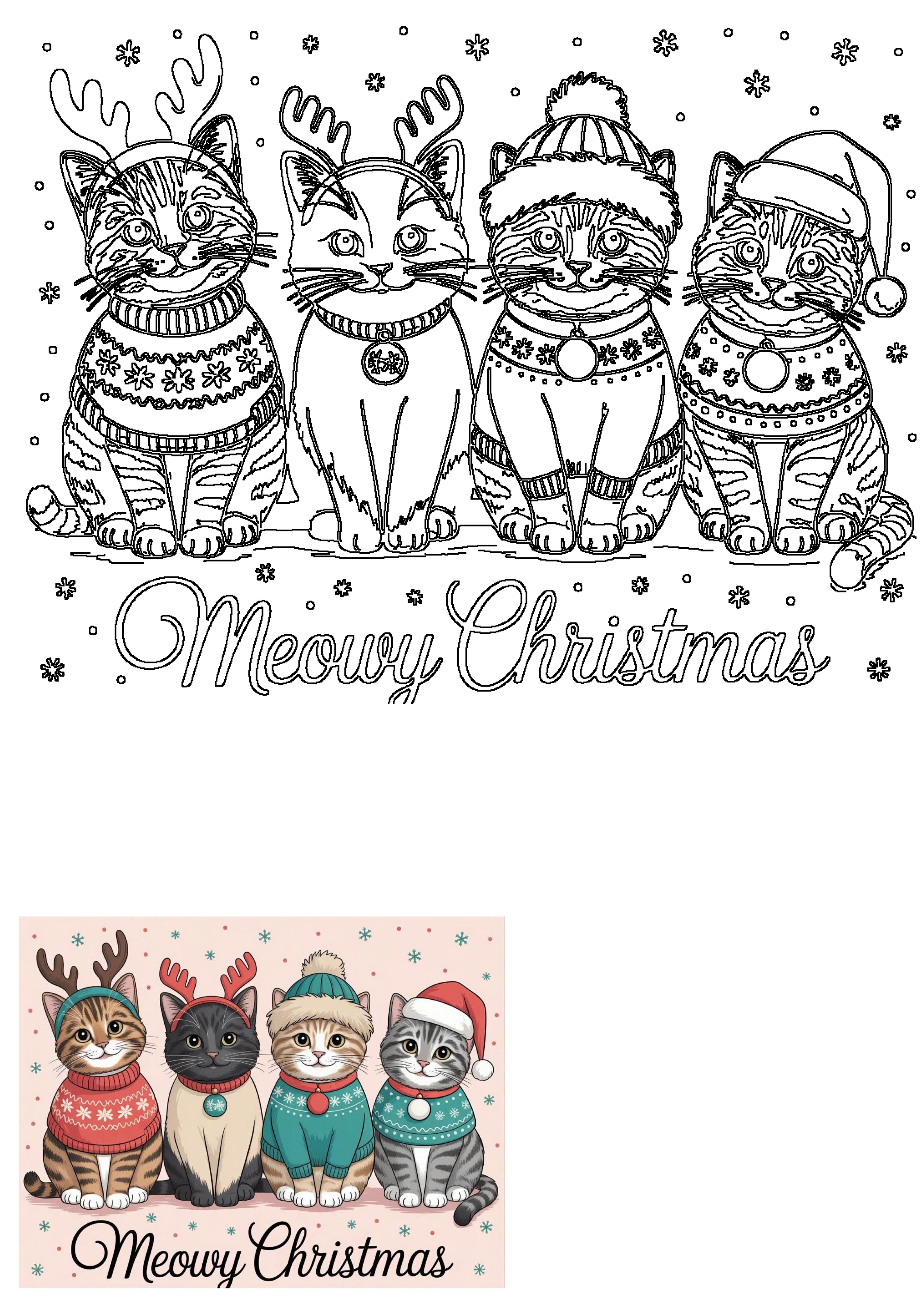 Outline drawing of four charming cats in festive Christmas sweaters and hats, with 'Meowy Christmas' text and snowflakes.
