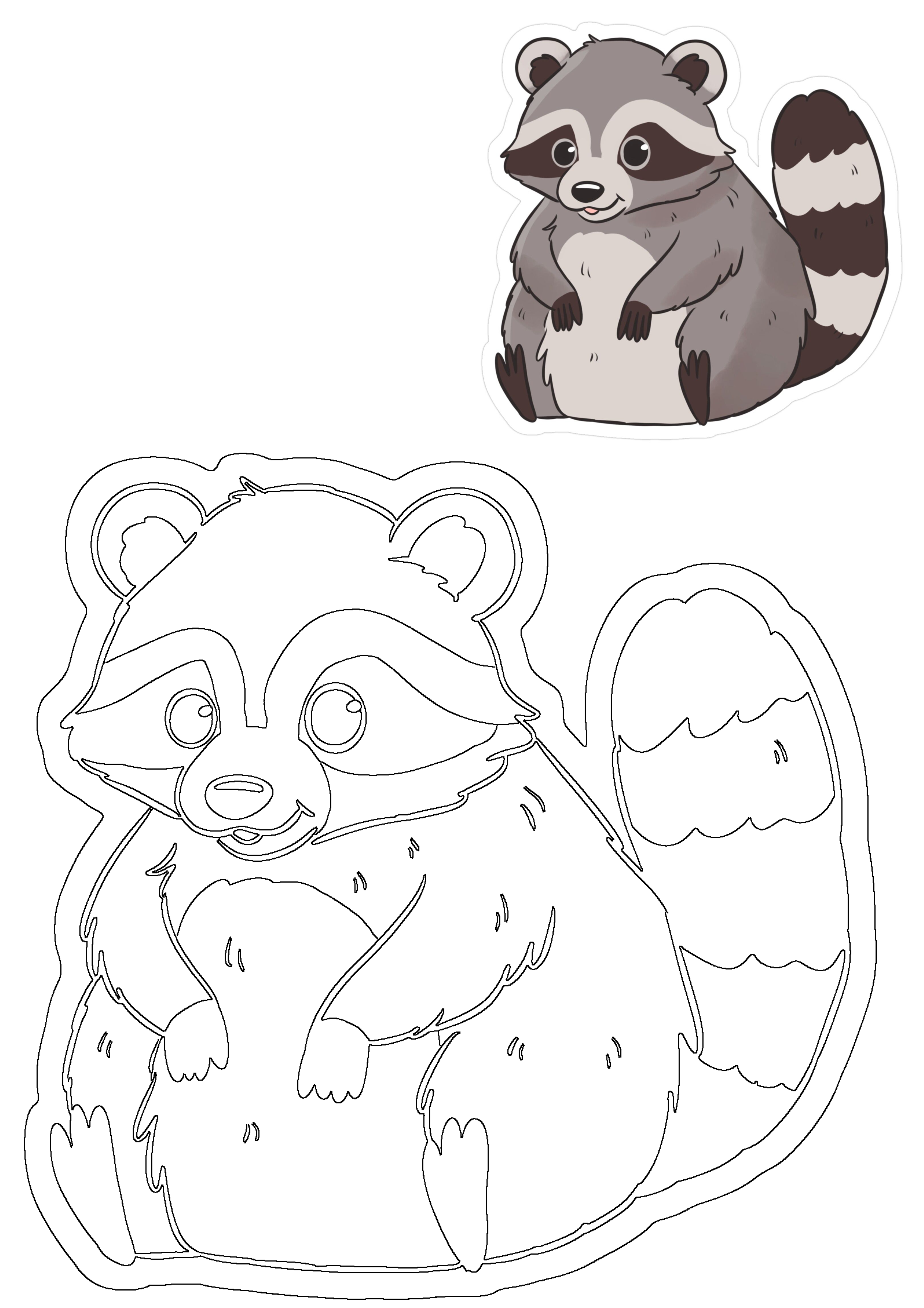 A cute, chubby cartoon raccoon depicted in a vibrant full-color illustration and a distinct black line art outline.