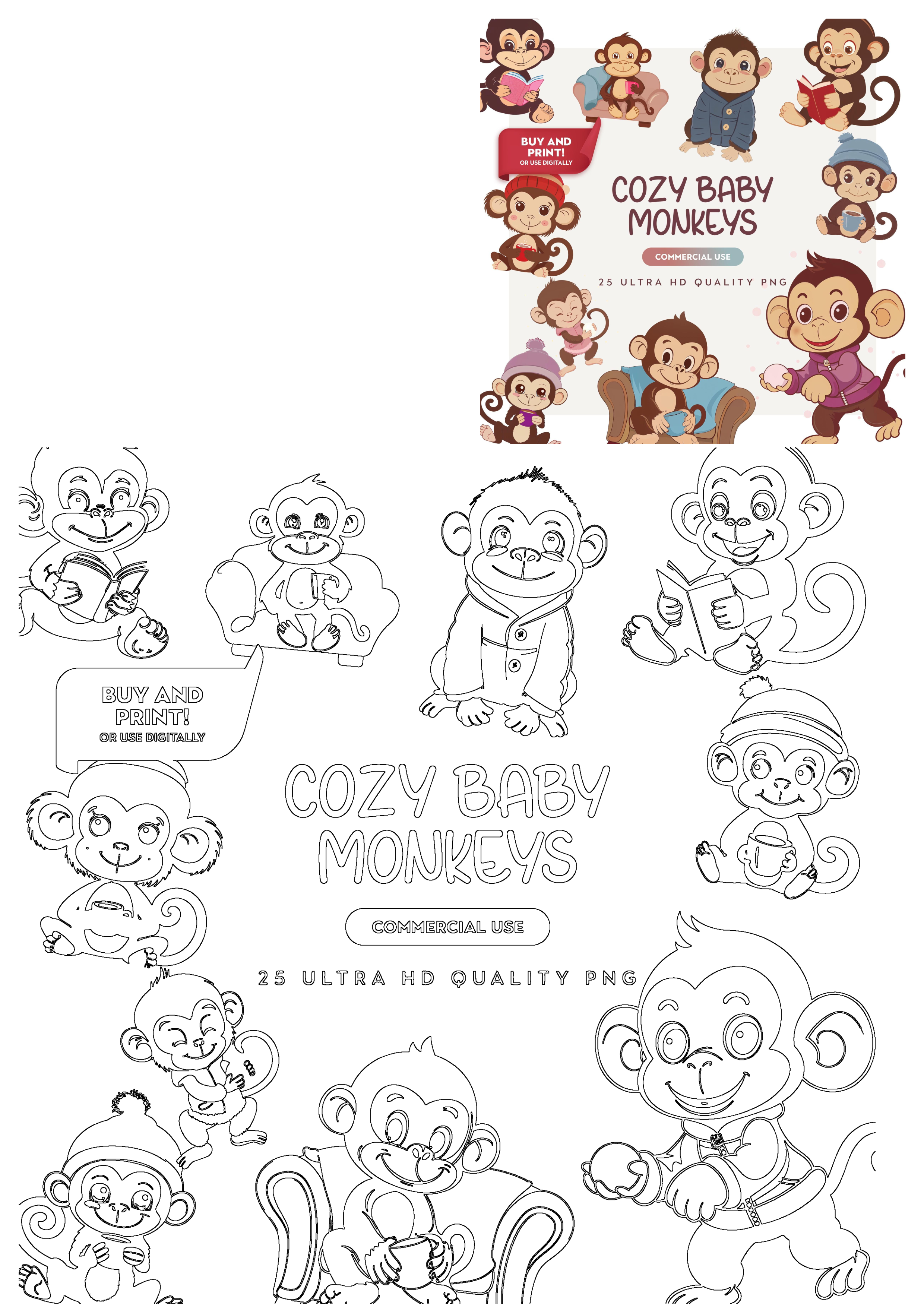 Cozy baby monkey cliparts feature cute animals in various poses: reading, wearing hats/coats, drinking. Perfect for nursery & birthday designs. 25 HD PNGs.