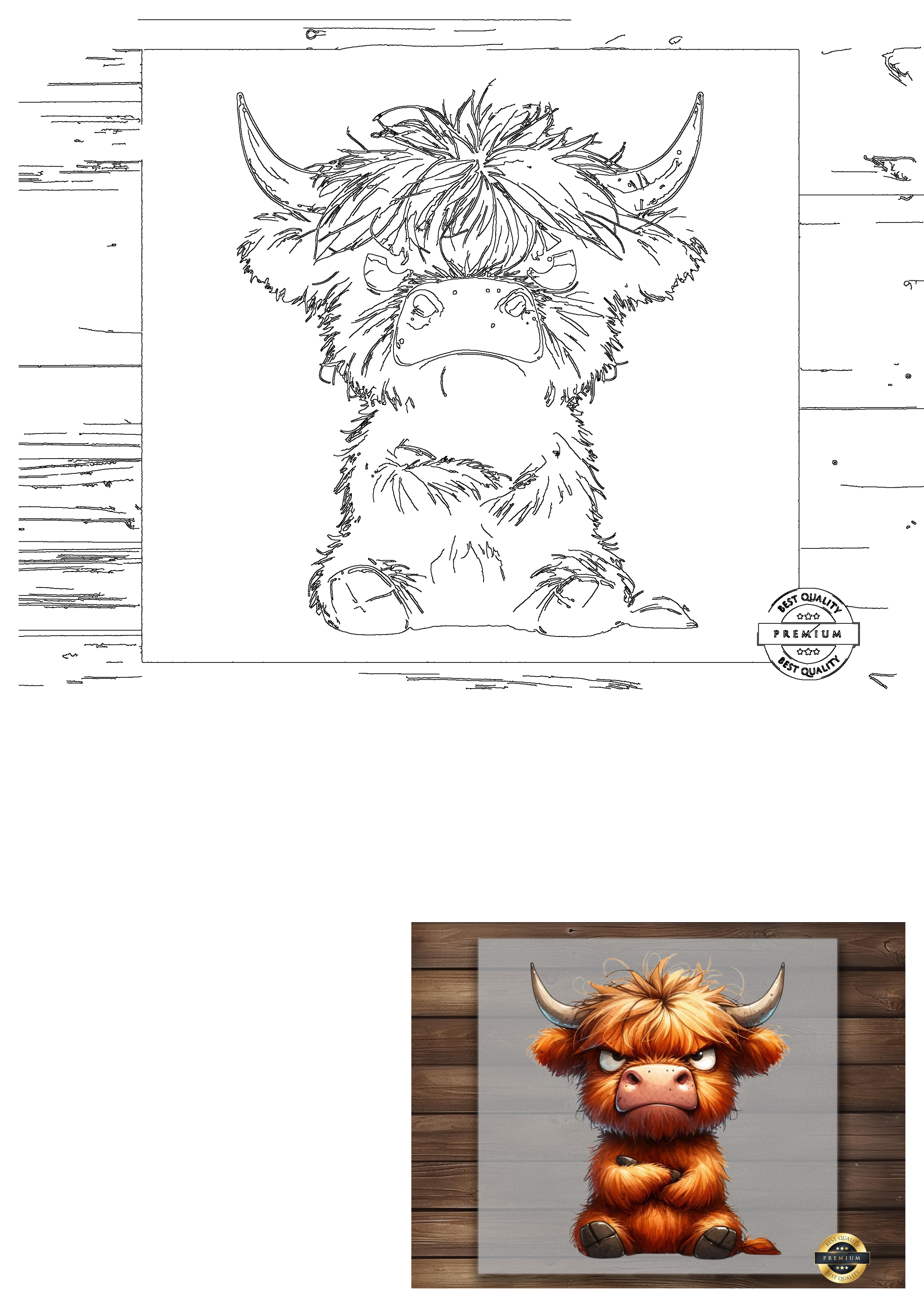 Cute angry Highland cow DTF transfer, perfect for a funny farm animal shirt. Features both colored and line art versions of the grumpy fluffy cow.