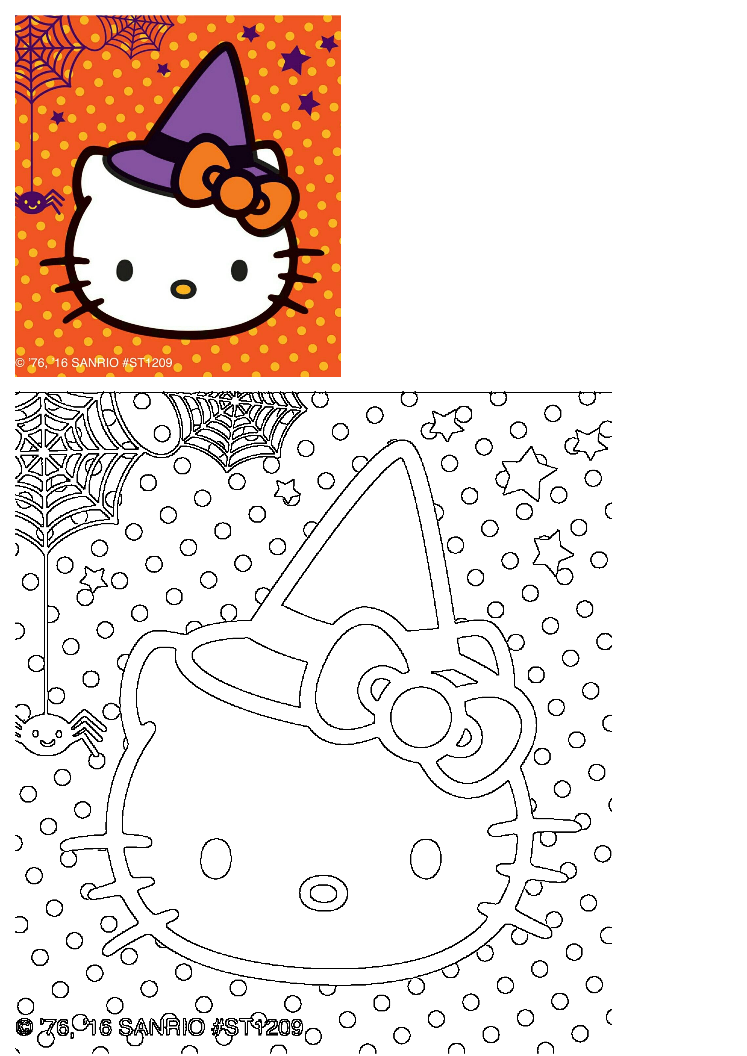 Hello Kitty in a purple witch hat with orange bow, on orange polka dot background with spider webs, a spider, and stars.