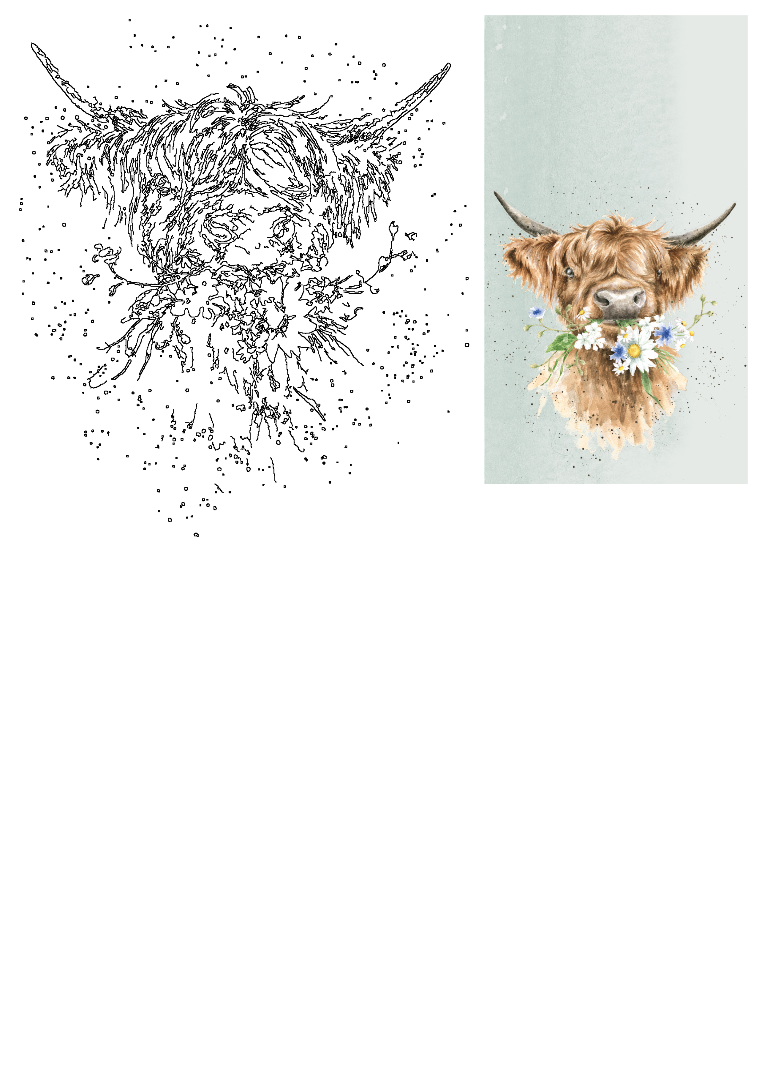 Discover this cute Highland Cow watercolor illustration, featuring a fluffy brown animal adorned with beautiful daisies and blue wildflowers.
