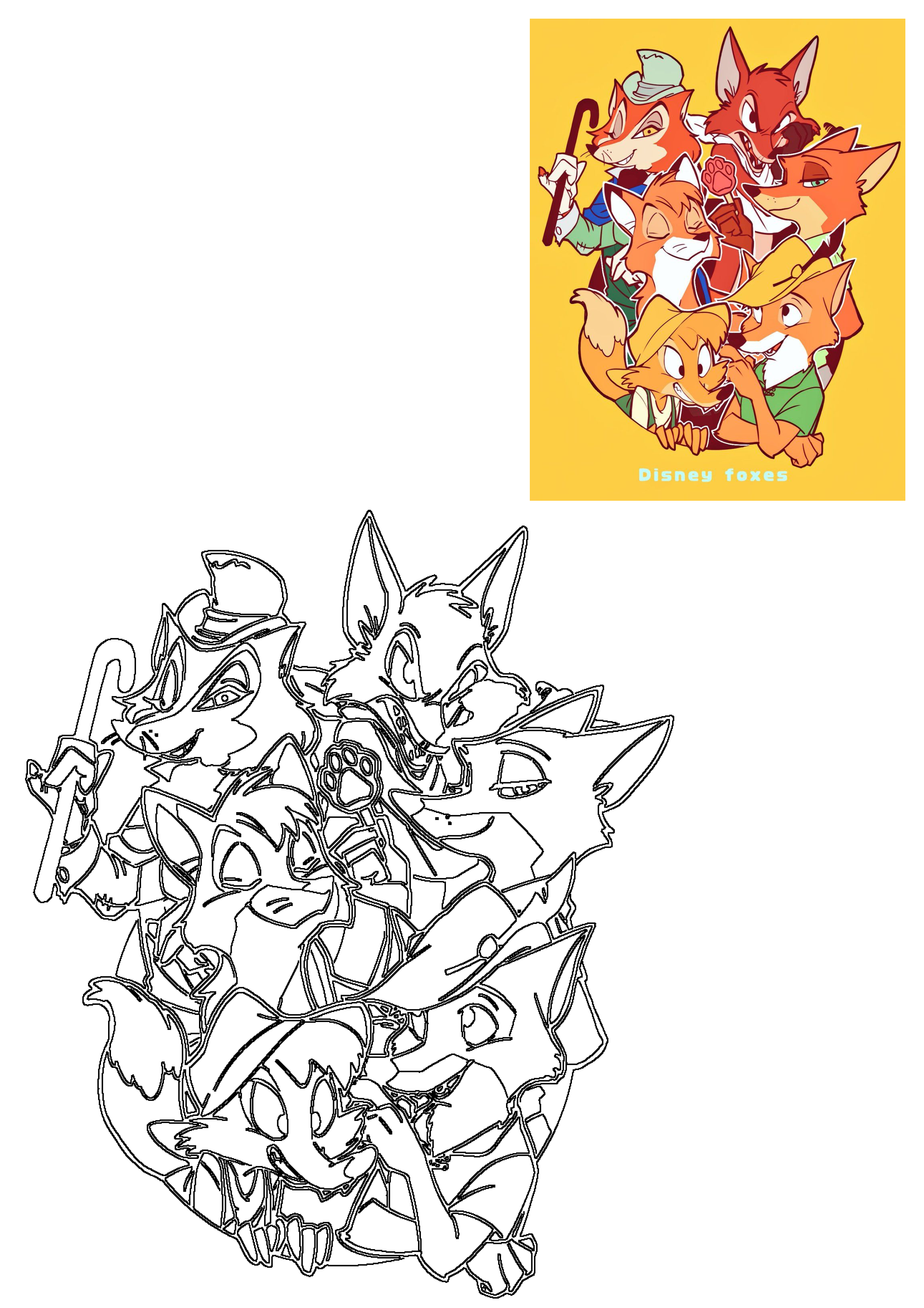 Collection of Disney fox characters featuring Robin Hood, Nick Wilde, and Todd in a vibrant illustration and accompanying line art.