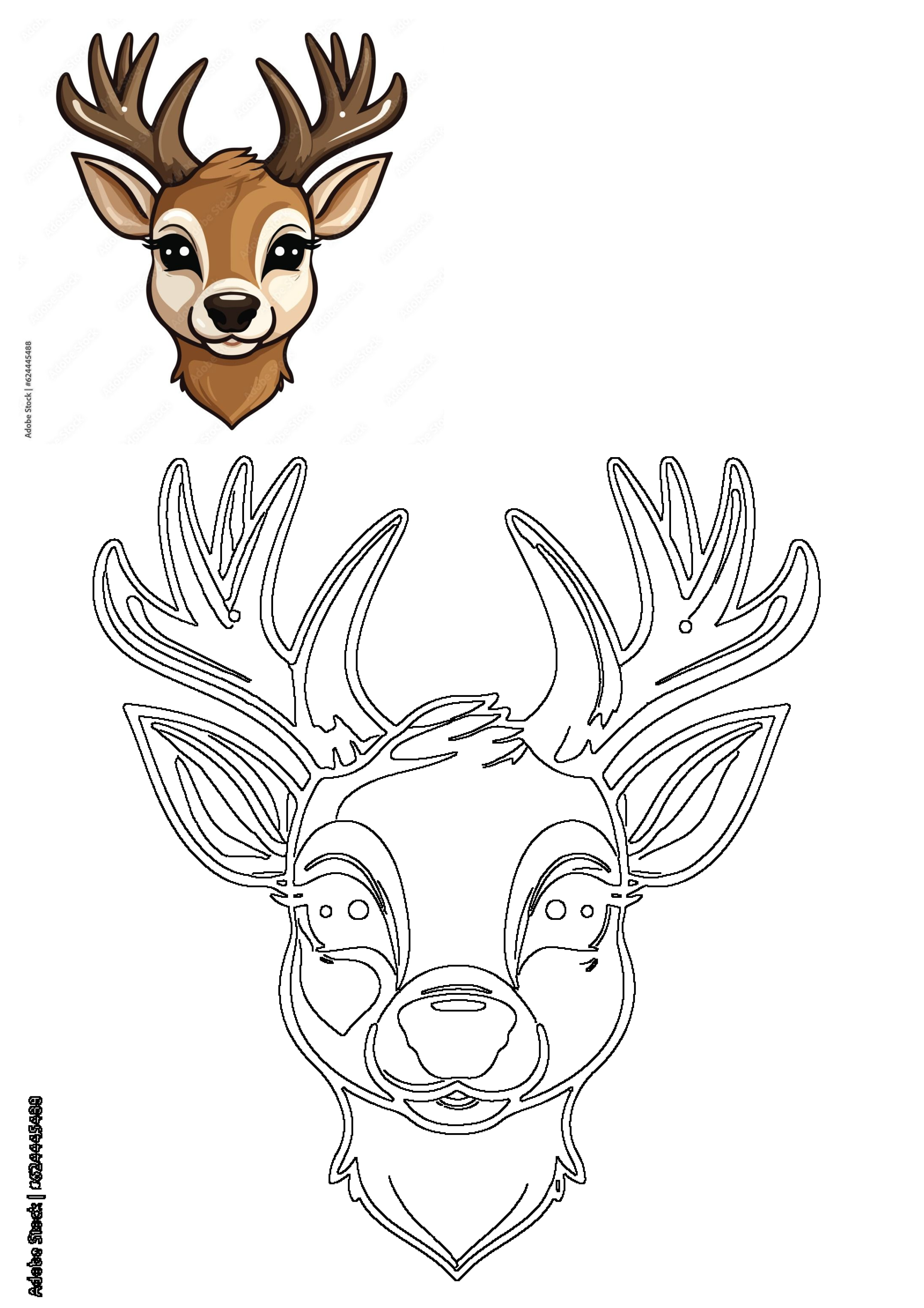 Charming cartoon deer head illustration with antlers and a friendly face, paired with a matching black-and-white outline art.