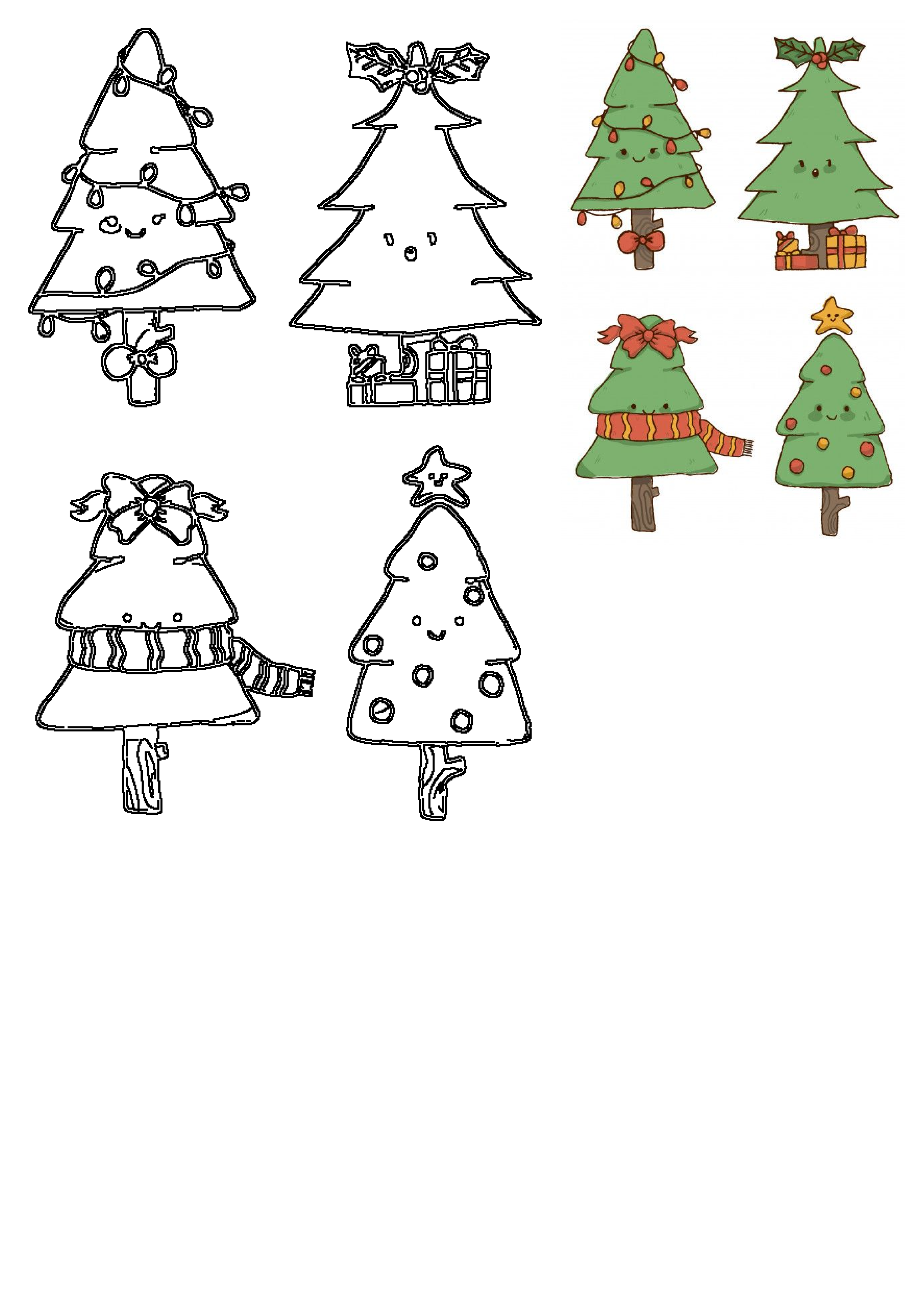 Cute Christmas tree illustrations set. Includes festive black outlines and colorful cartoon trees adorned with lights, bows, scarves, and gifts.