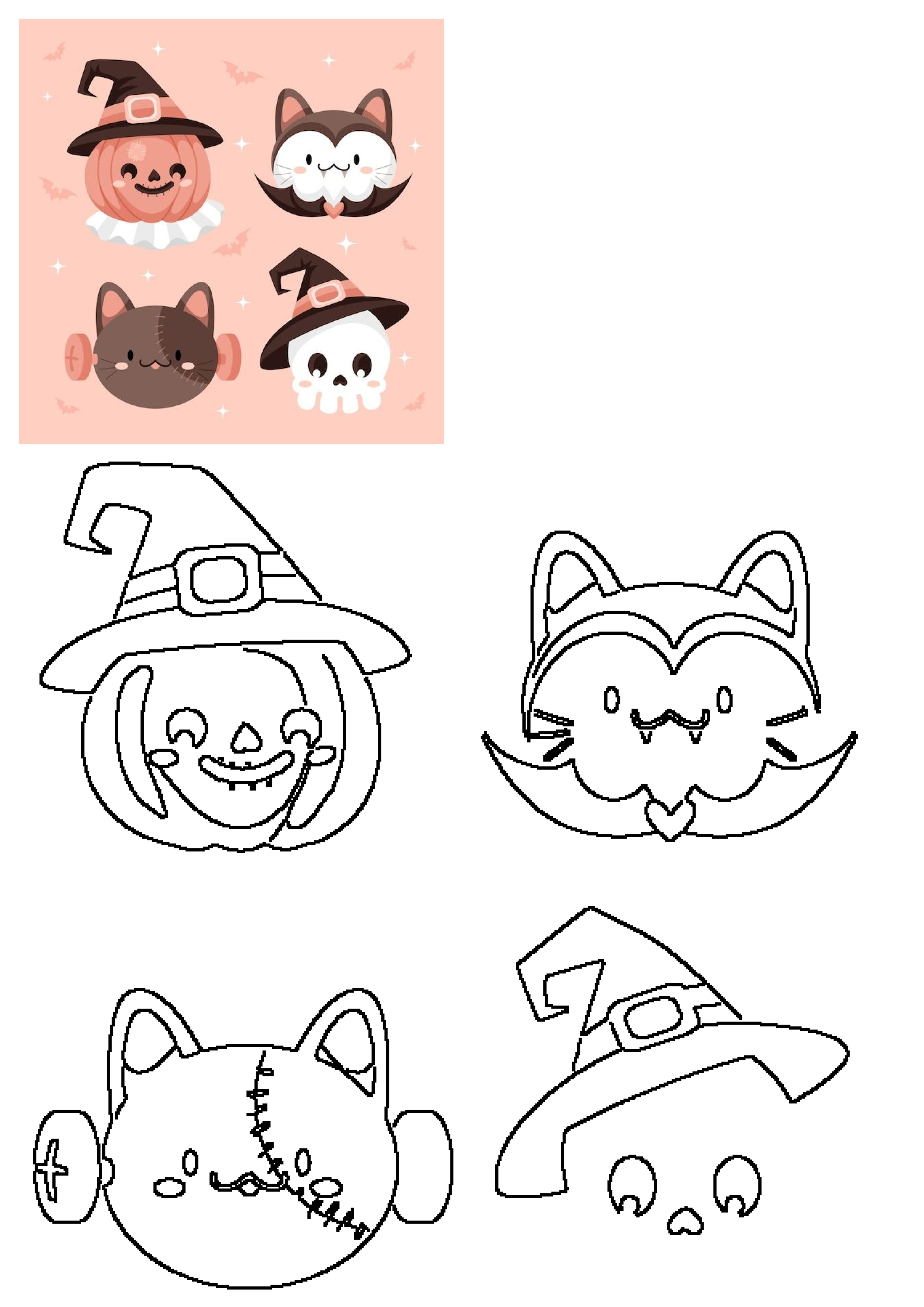 Cute Halloween characters vector illustration featuring a pumpkin, vampire cat, Frankenstein cat, and skull, also with outlines.