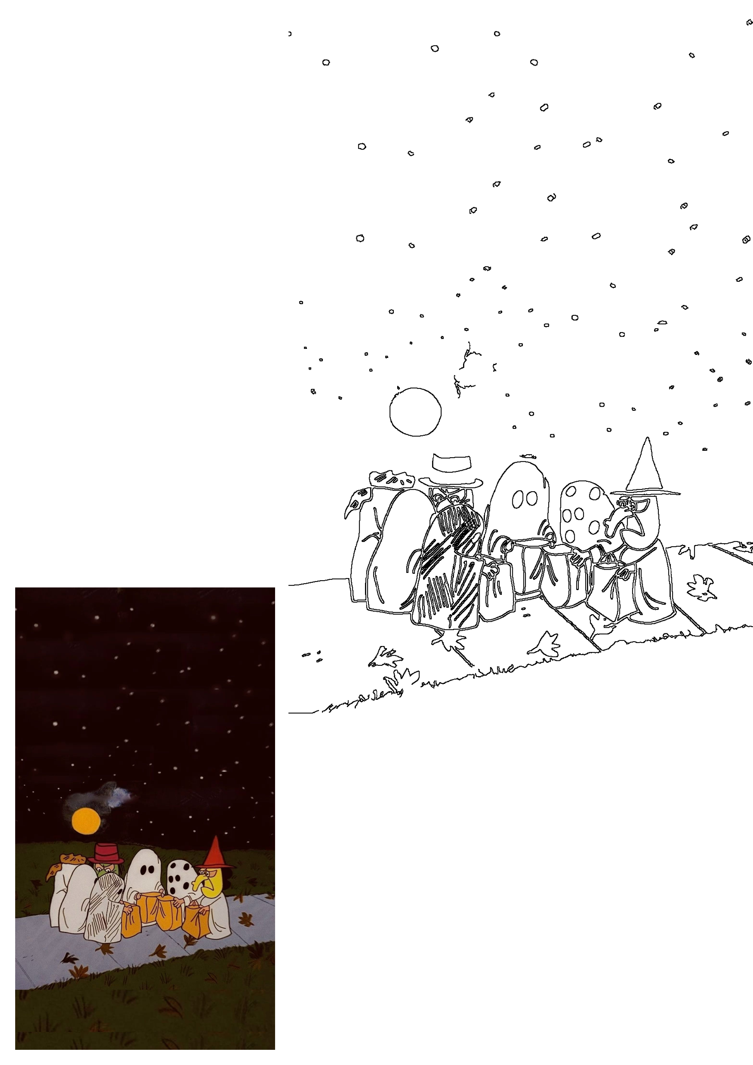 Cartoon friends, including ghosts and a witch, trick-or-treating on a moonlit Halloween night, holding candy bags.