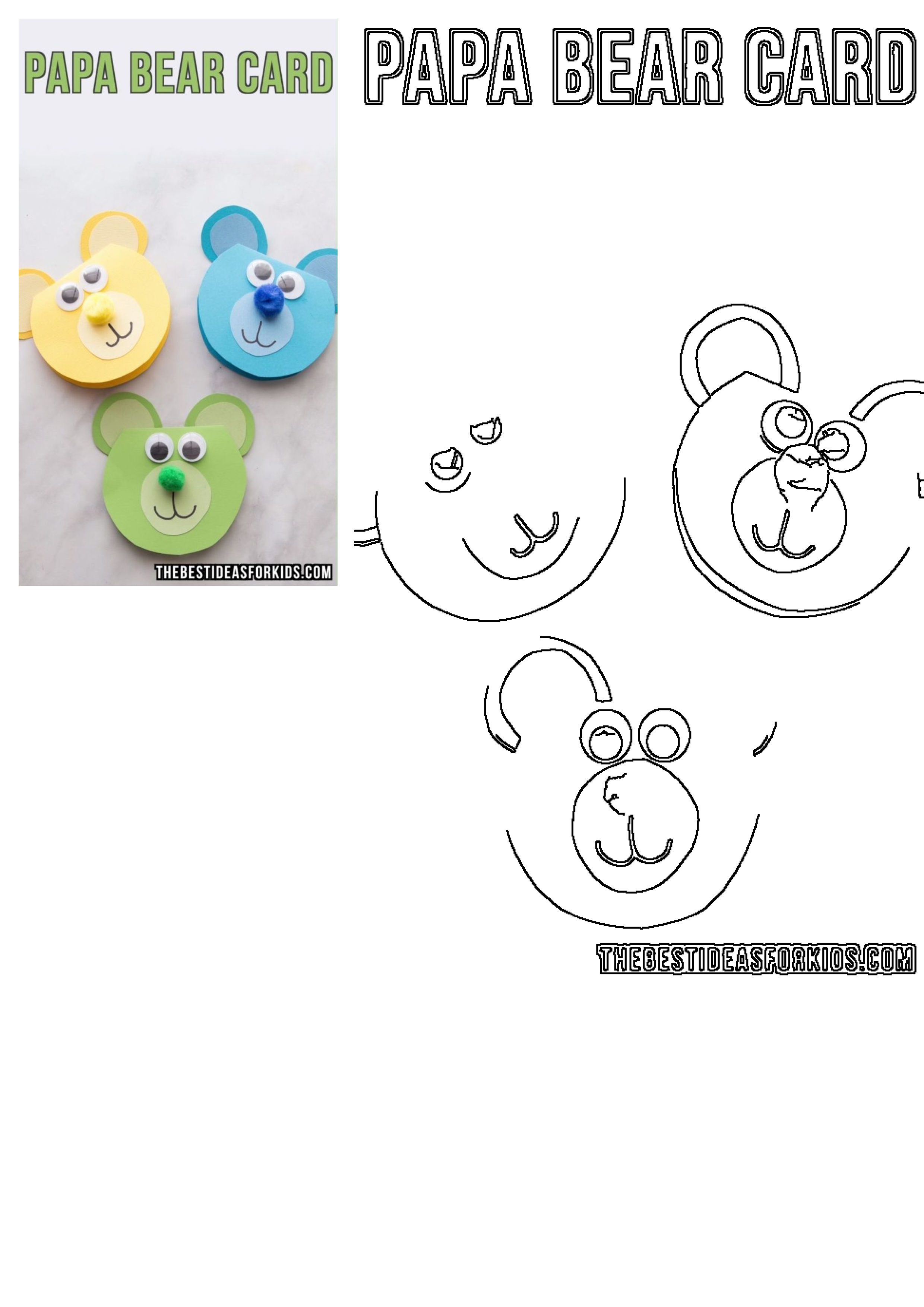 Papa Bear card craft template for kids featuring outlines and examples of finished yellow, blue, and green cards with googly eyes.