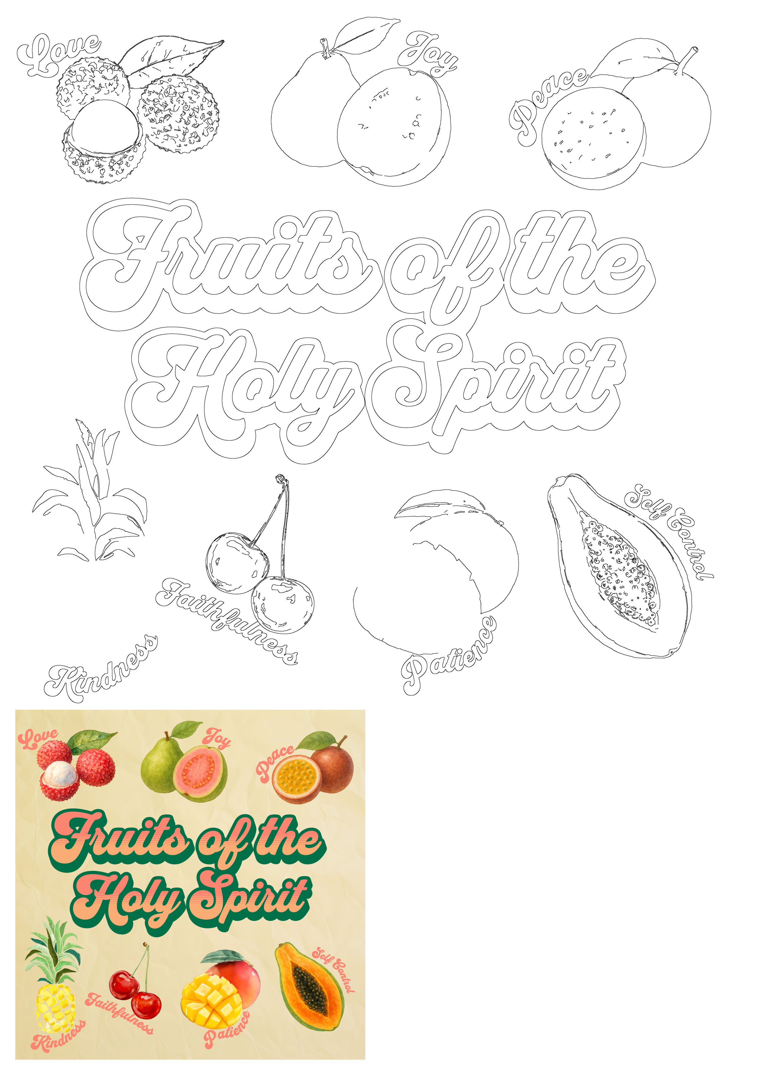Fruits of the Holy Spirit watercolor illustration displays virtues like Love and Joy paired with various vibrant fruits.