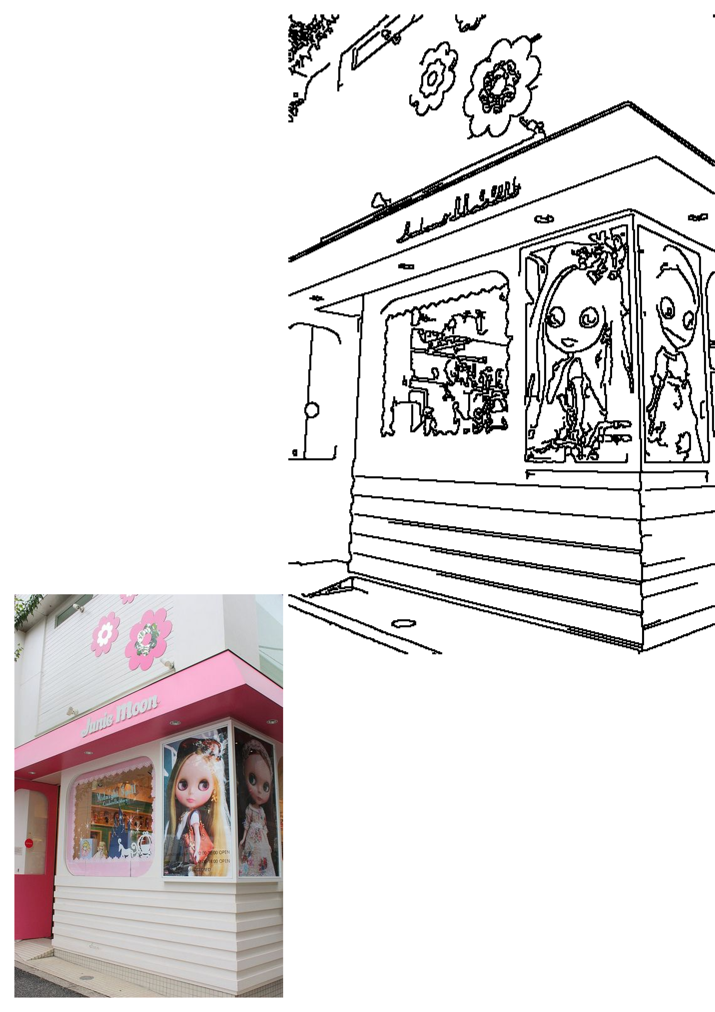 Exterior view of the pink and white Junie Moon shop in Tokyo, featuring Blythe doll displays and Cinderella-themed items in windows.