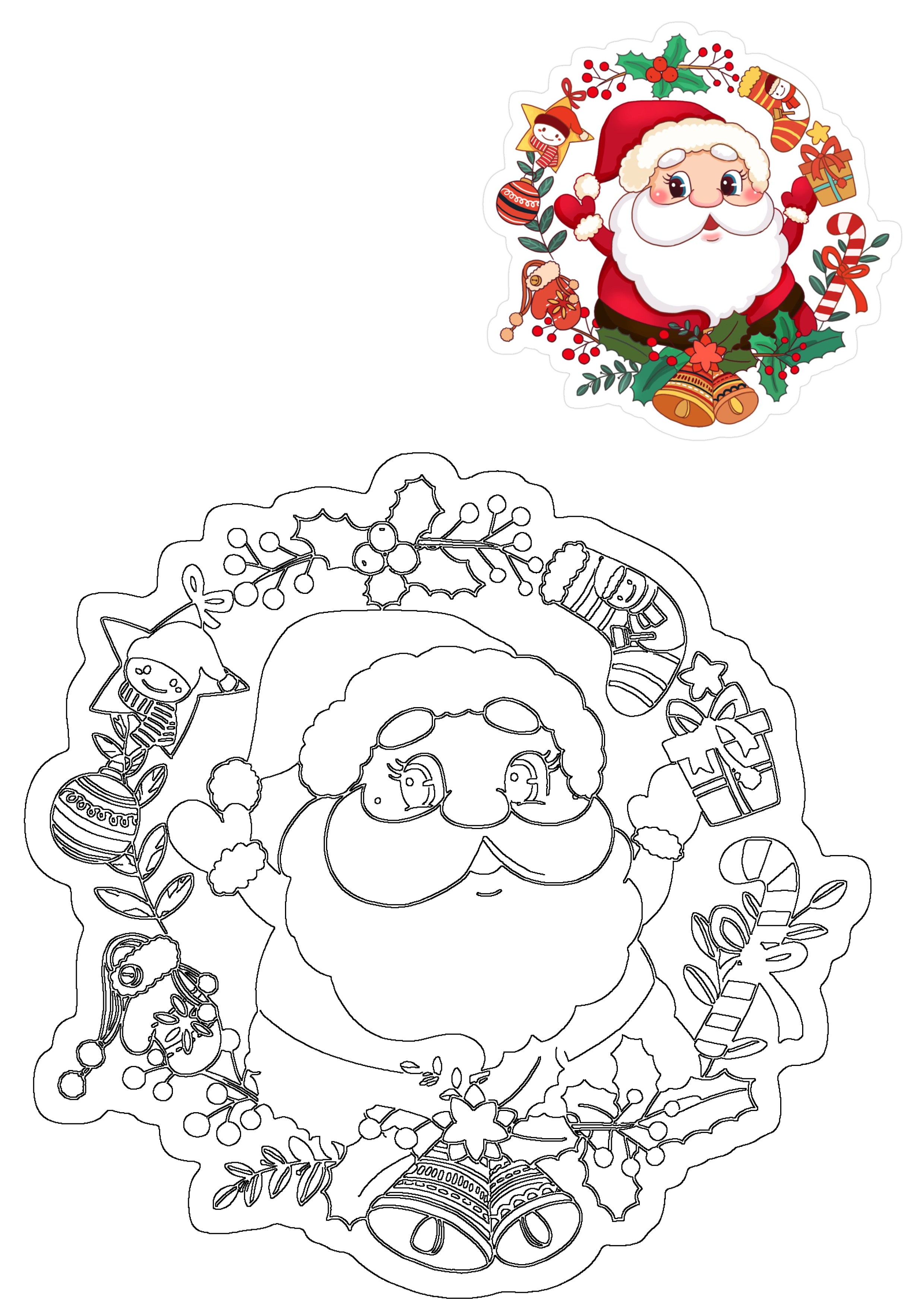 A cheerful Santa Claus in a festive Christmas wreath adorned with holly, bells, ornaments, gifts, and a candy cane, available in both color and outline.
