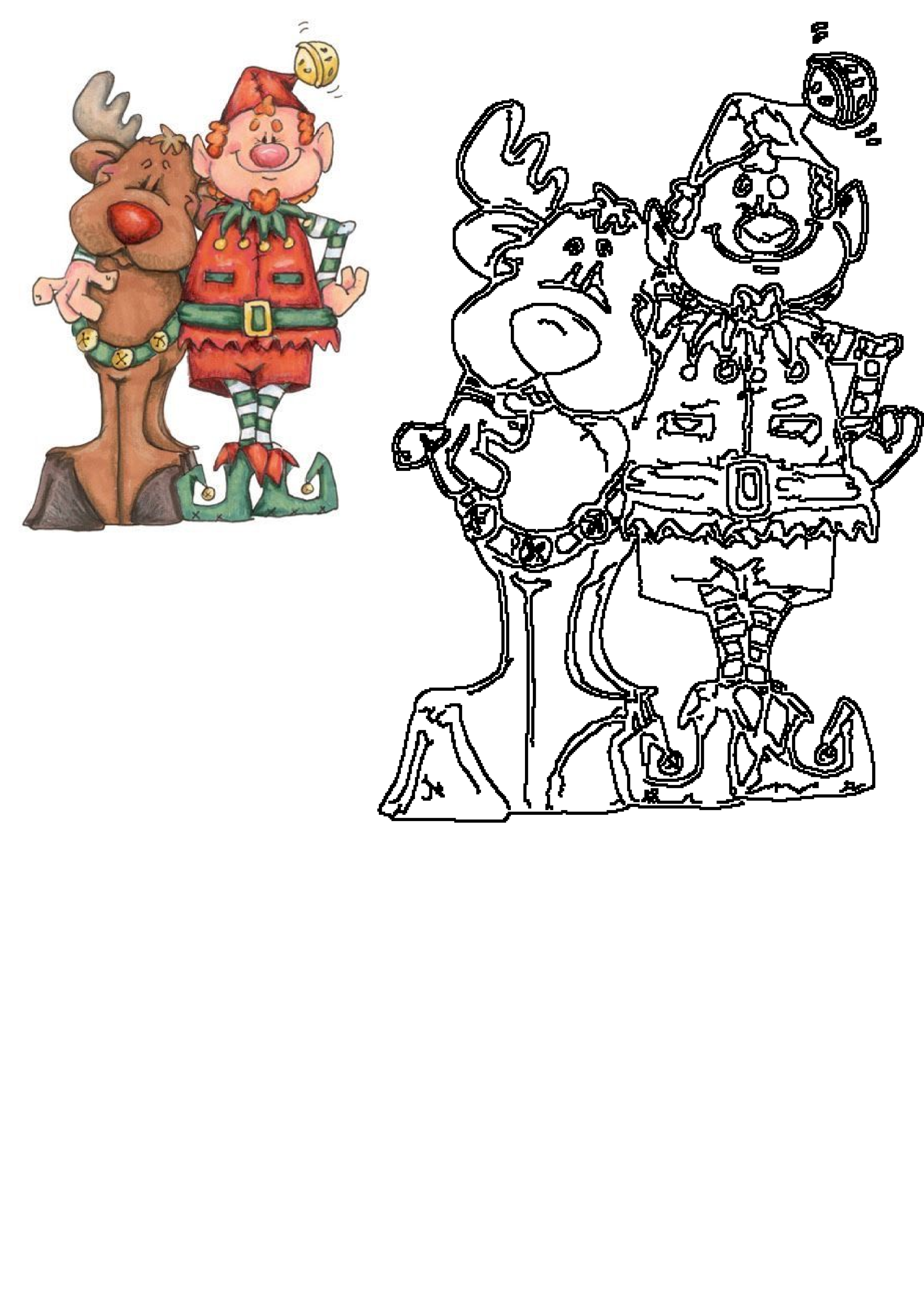 A cheerful Christmas elf and a friendly reindeer in a festive illustration, presented in both vibrant color and a black and white outline.