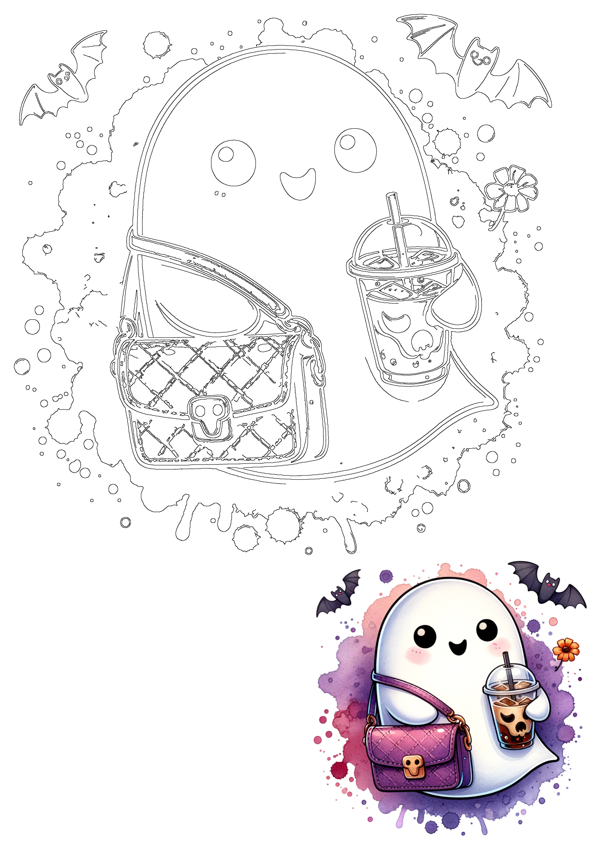 An adorable Halloween spooky season illustration of a cute ghost carrying a boba tea and a stylish purse, featuring line art details.