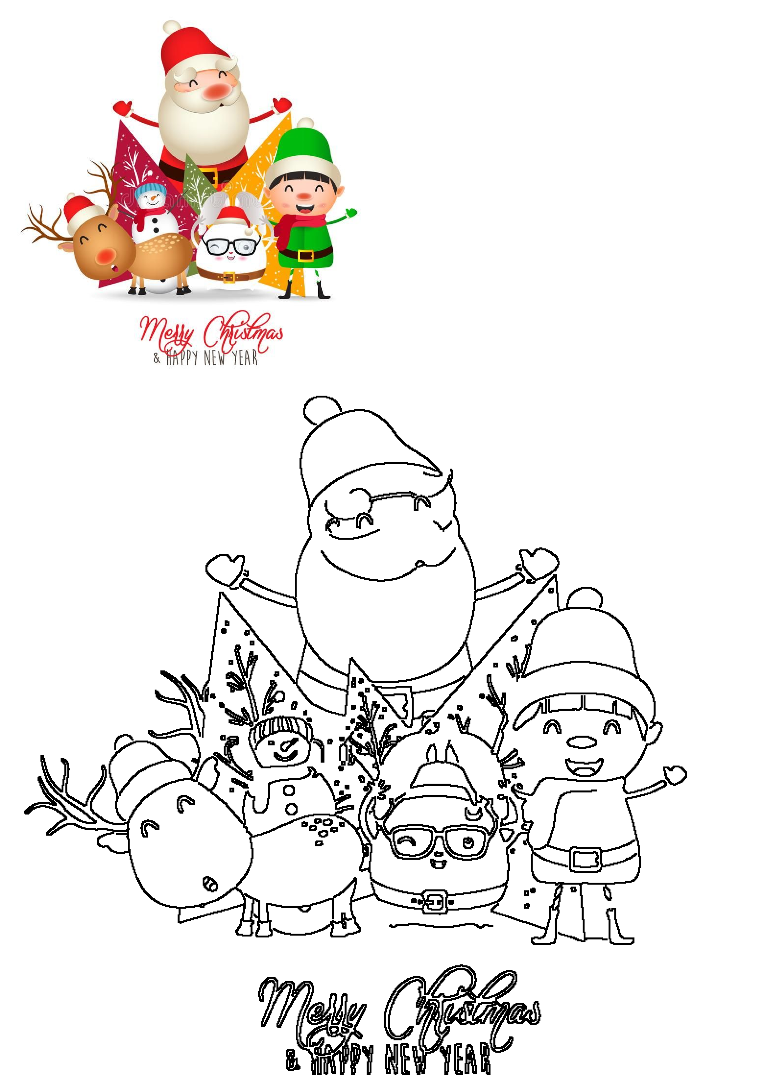 A vibrant illustration and outline of Santa, reindeer, snowman, and elf celebrating Merry Christmas & Happy New Year.