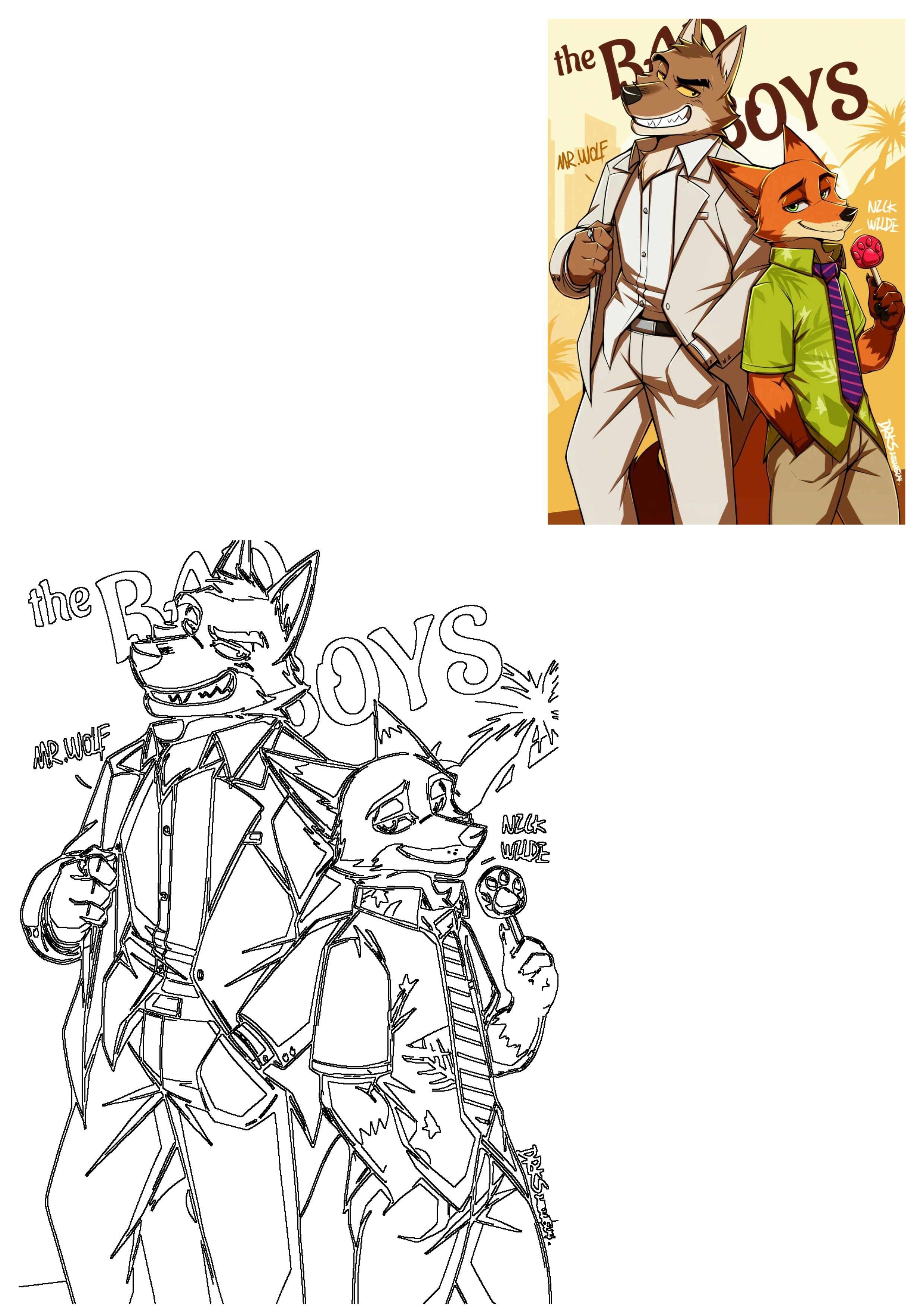 Fanart featuring Mr. Wolf from The Bad Guys in a white suit and Nick Wilde from Zootopia with a lollipop, titled 'the Bad Boys'.