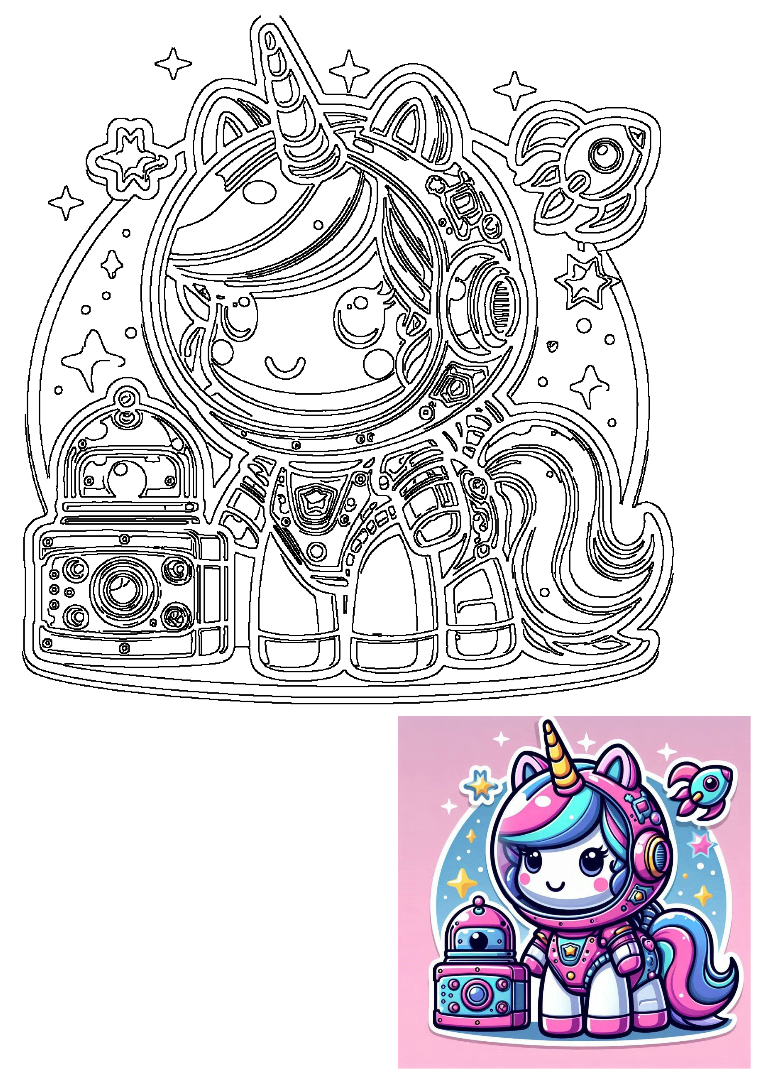 Adorable unicorn astronaut in a pink and blue space suit with a helmet, accompanied by a friendly robot and a rocket in a starry space scene.