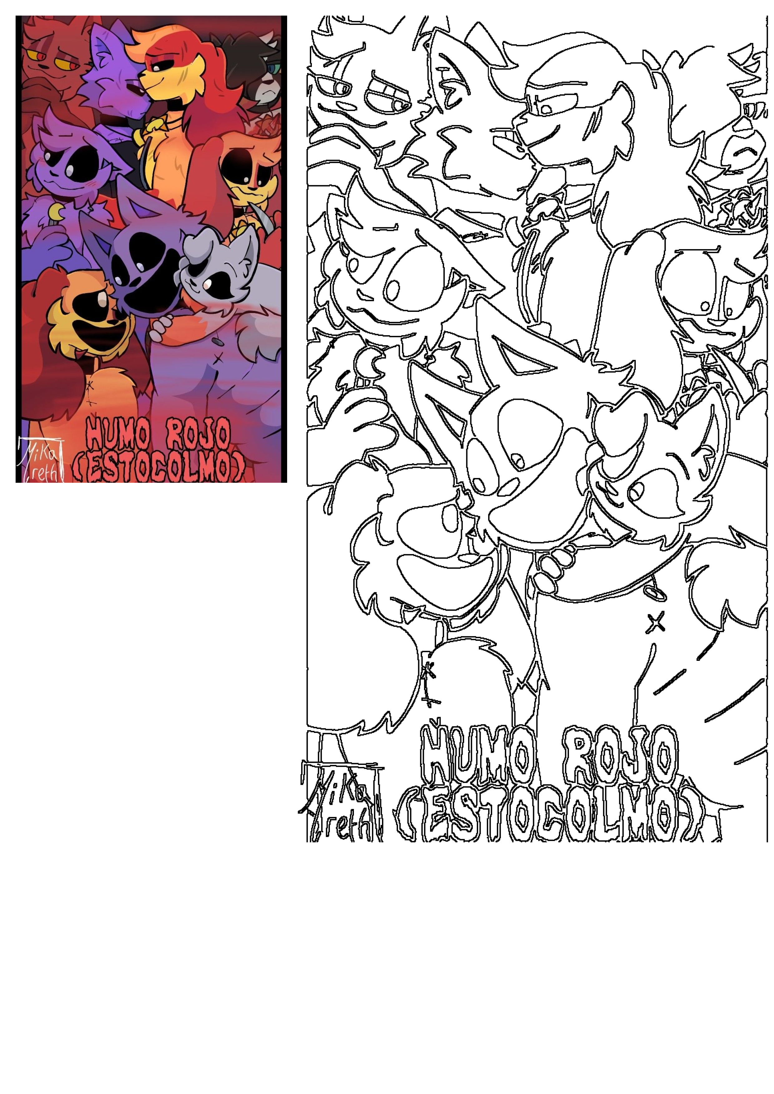 Vibrant illustration of diverse cartoon characters, a colorful group of expressive furry animals in different sizes. Also includes a B&W outline version.