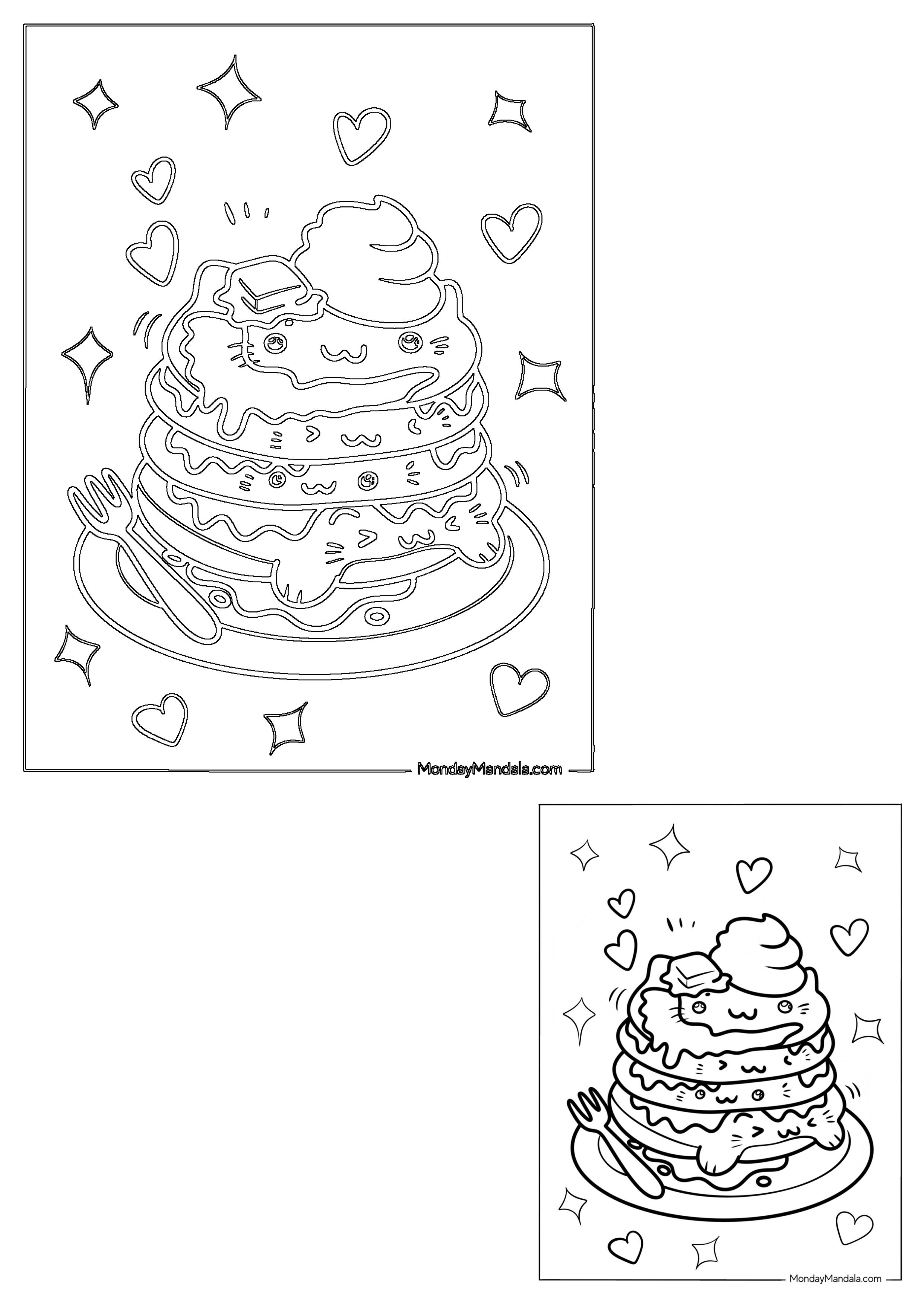 A delightful black and white outline of a stack of cute kawaii pancakes with butter, whipped cream, fork, hearts, and stars, ideal for coloring activities.