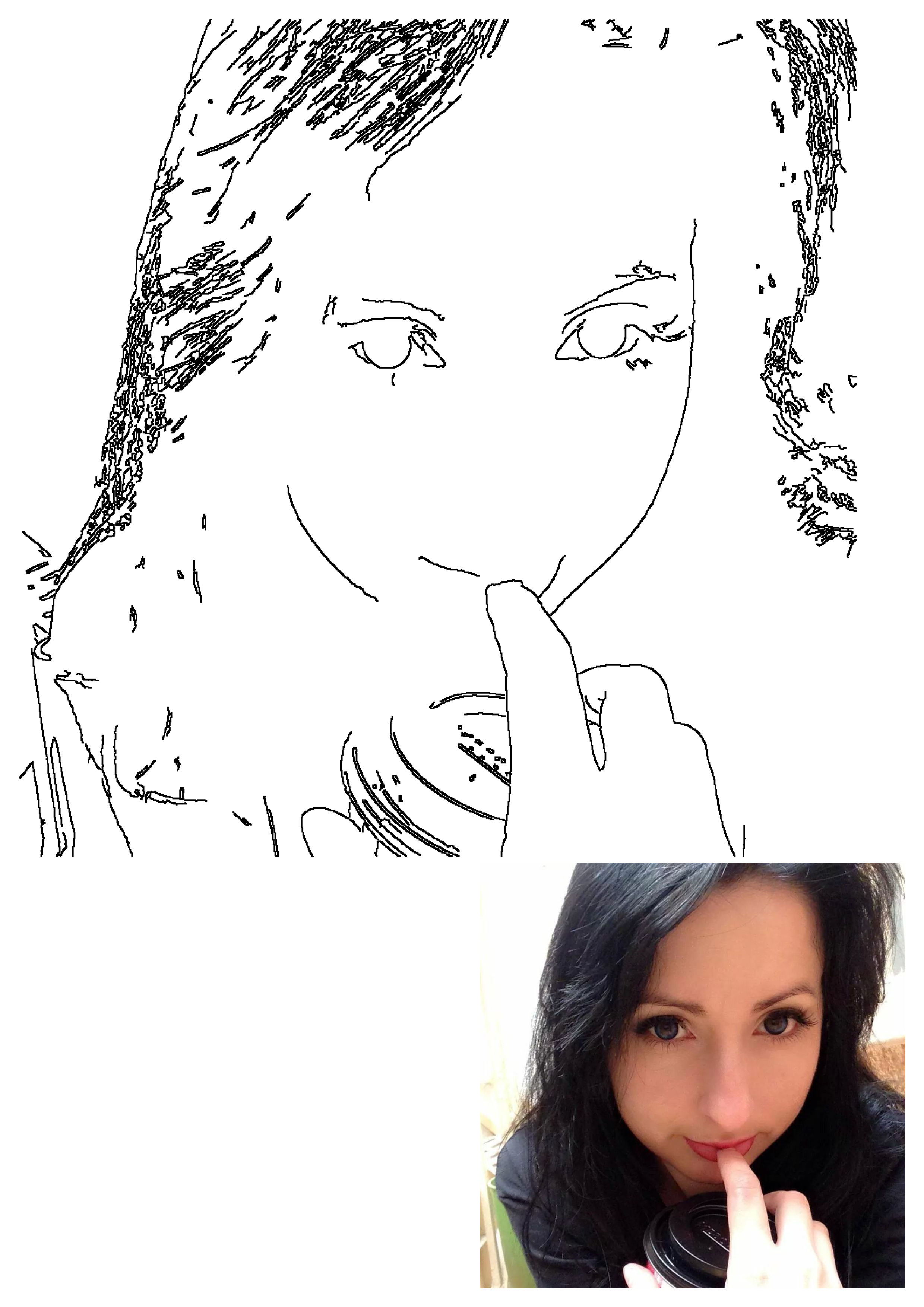 Line art of a woman with black hair, holding a cup, and a finger gently on her lips. Captures a subtle expression, artwork by Puchys Love.