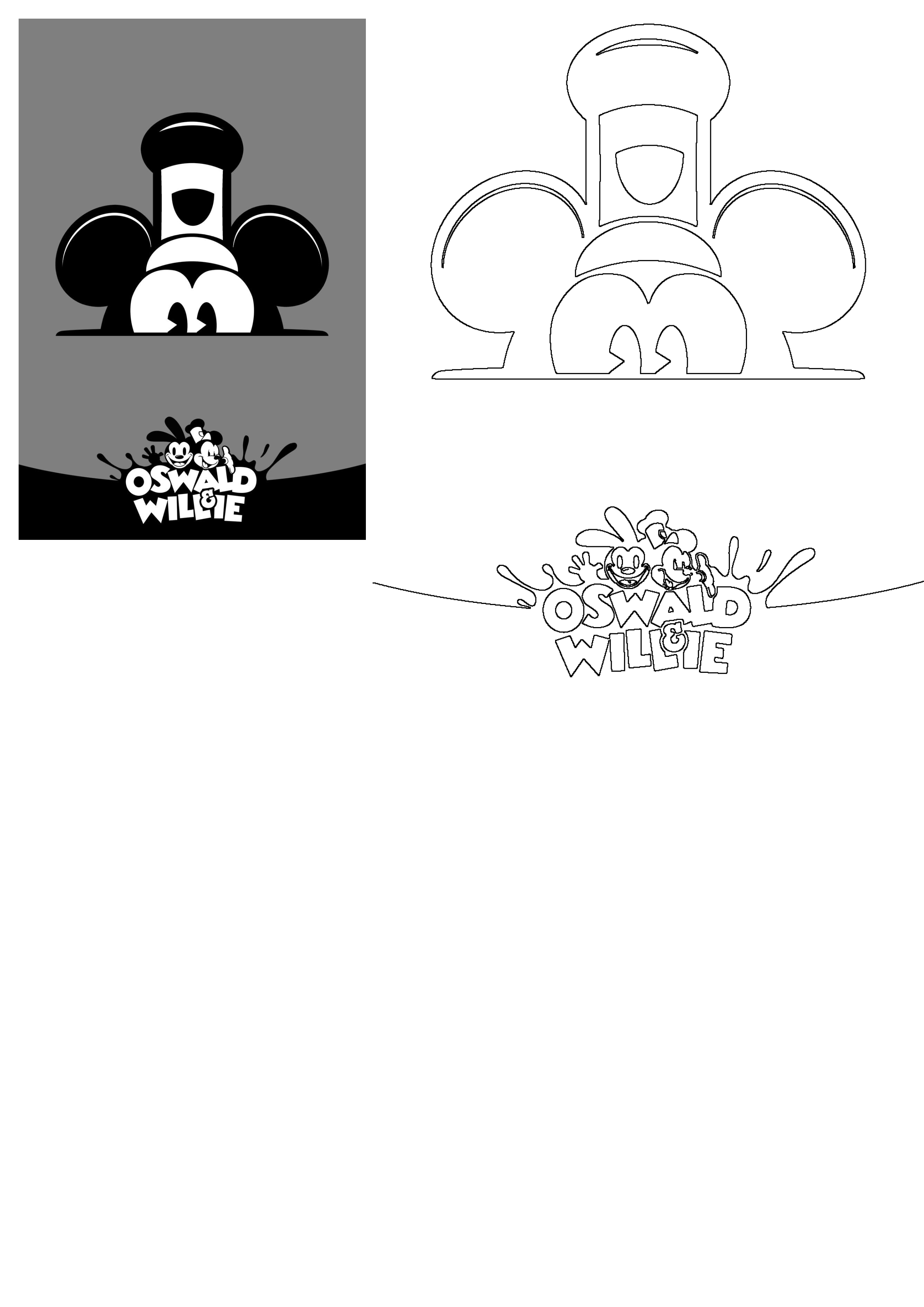 Vintage Disney Oswald and Willie cartoon art showcasing a lookout character head design and a dynamic splash logo for 2025.