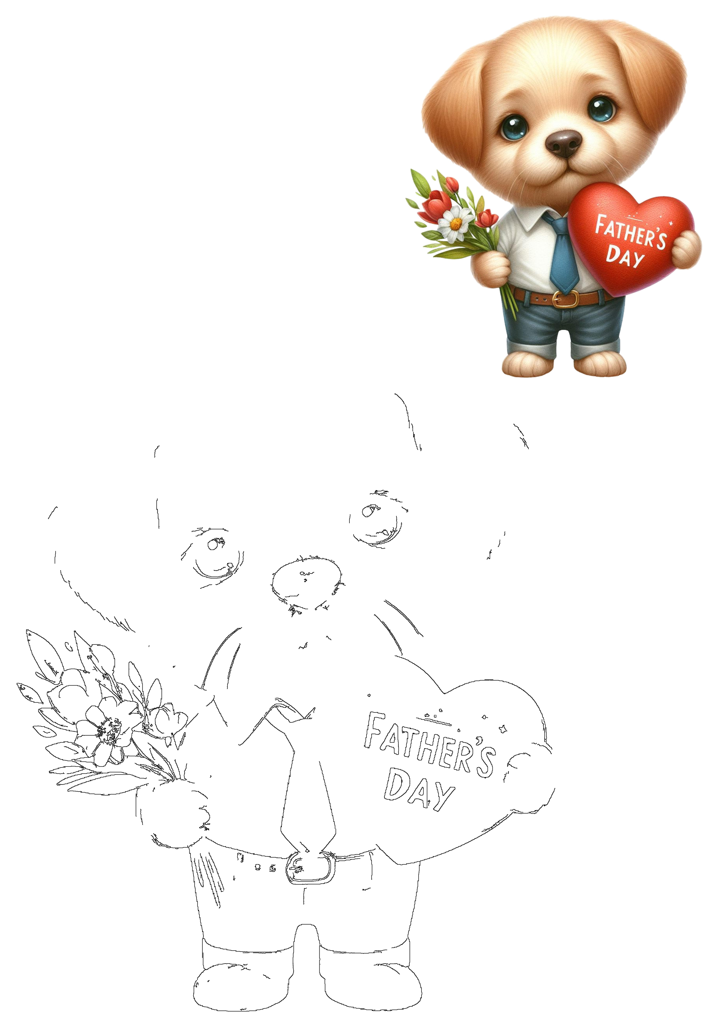 An adorable puppy illustration for Father's Day, wearing a shirt and tie, holding flowers and a 'Father's Day' heart. Includes an outline drawing for coloring.