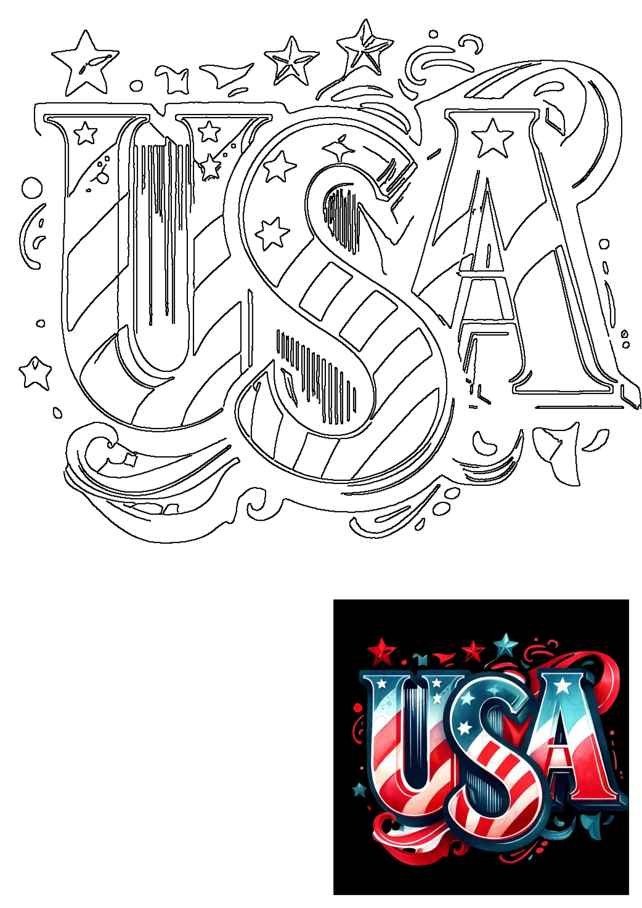 Vibrant USA patriotic typography with stars and stripes, shown in both outline and vivid red, white, and blue styles.