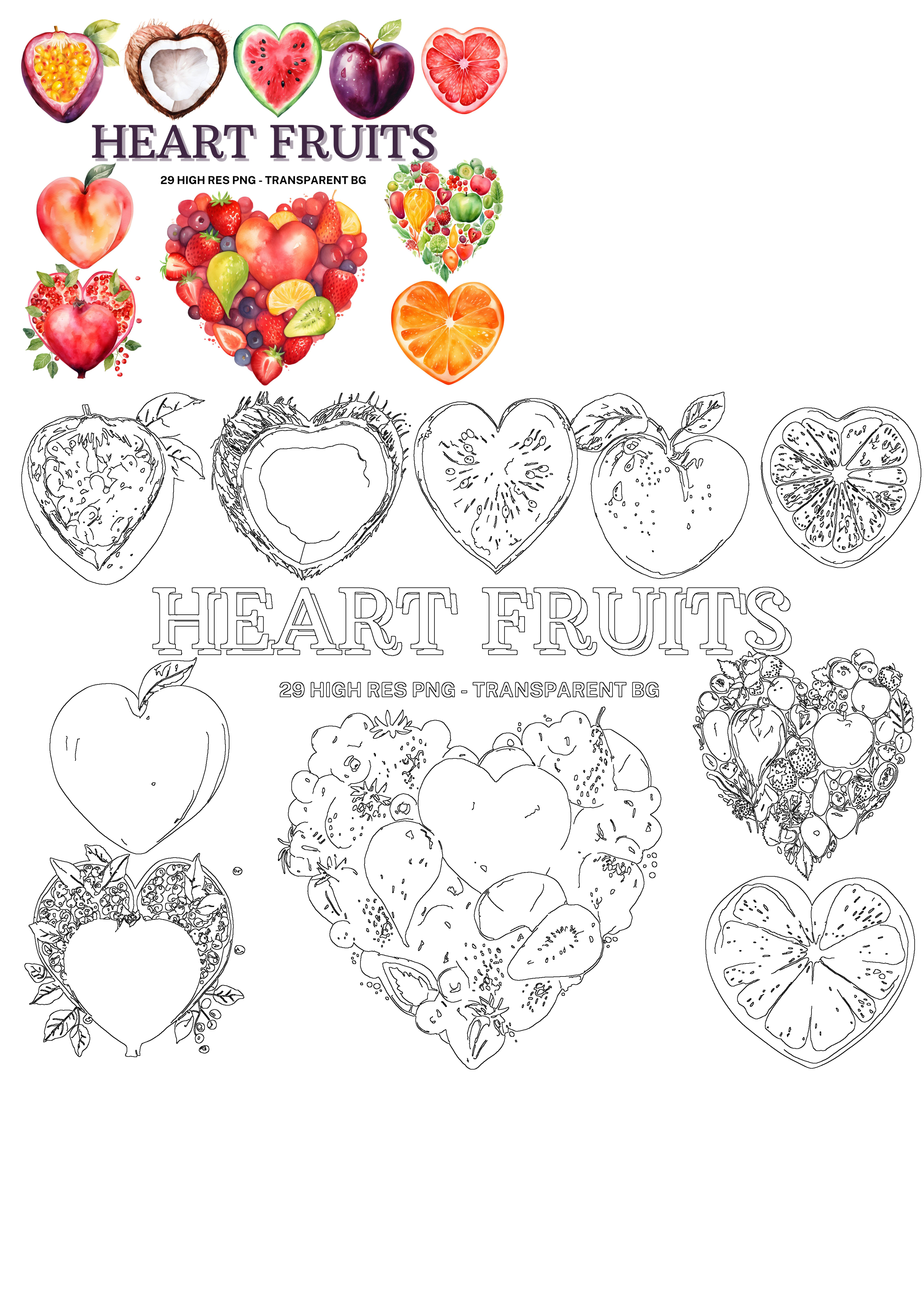 Vibrant watercolor heart-shaped fruits and vegetables collection featuring passion fruit, watermelon, peach, coconut, berries, and outlines.
