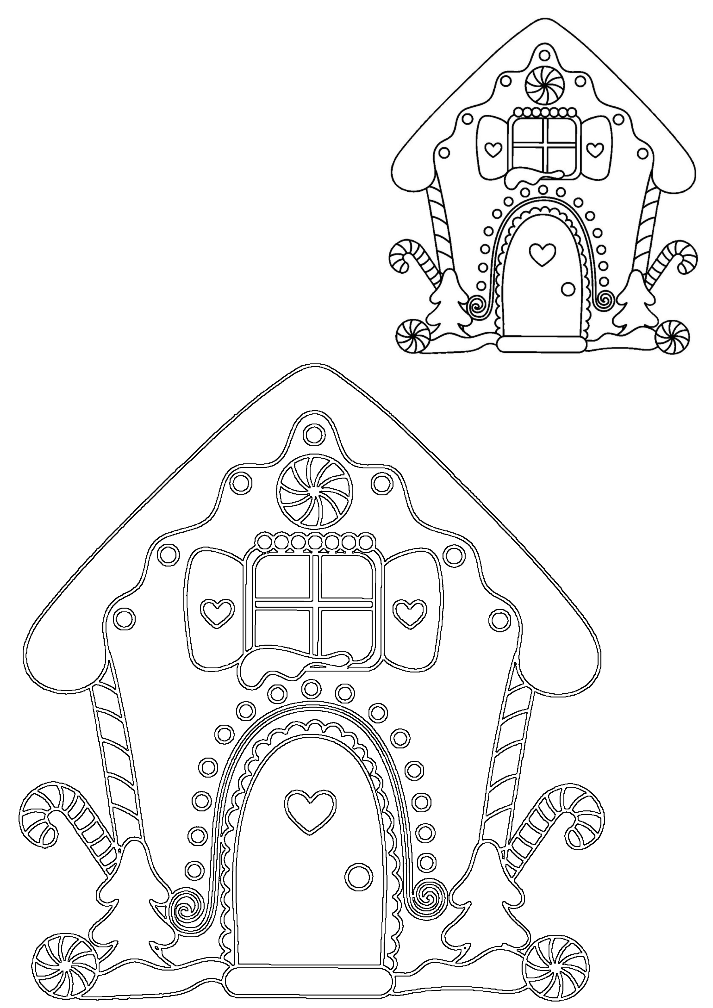 Outline drawing of two festive gingerbread houses decorated with candy canes, swirls, and heart-shaped windows for holiday crafts.