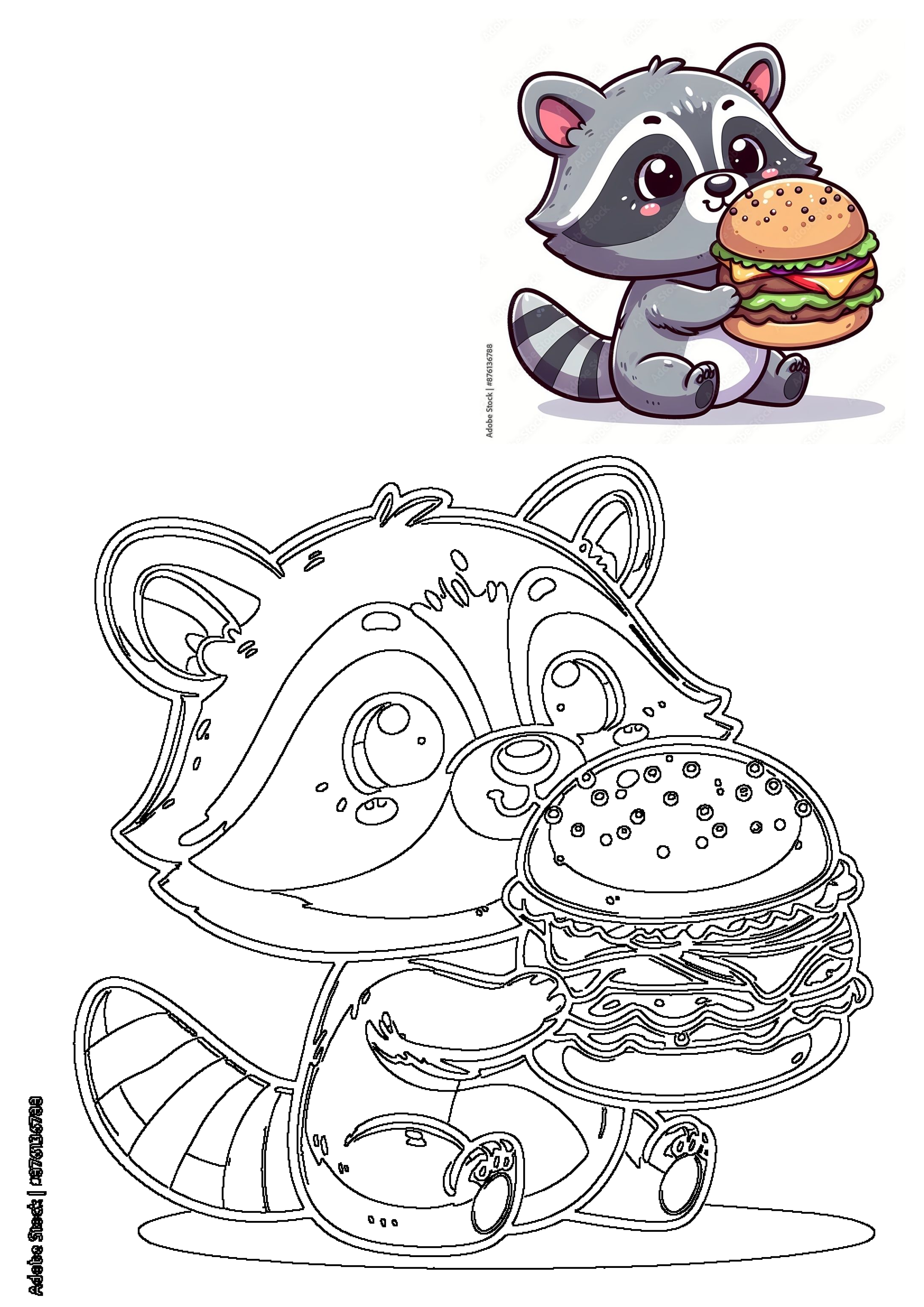 Cute cartoon raccoon happily holding a big hamburger with a sesame bun, cheese, lettuce, and tomato on a white background.