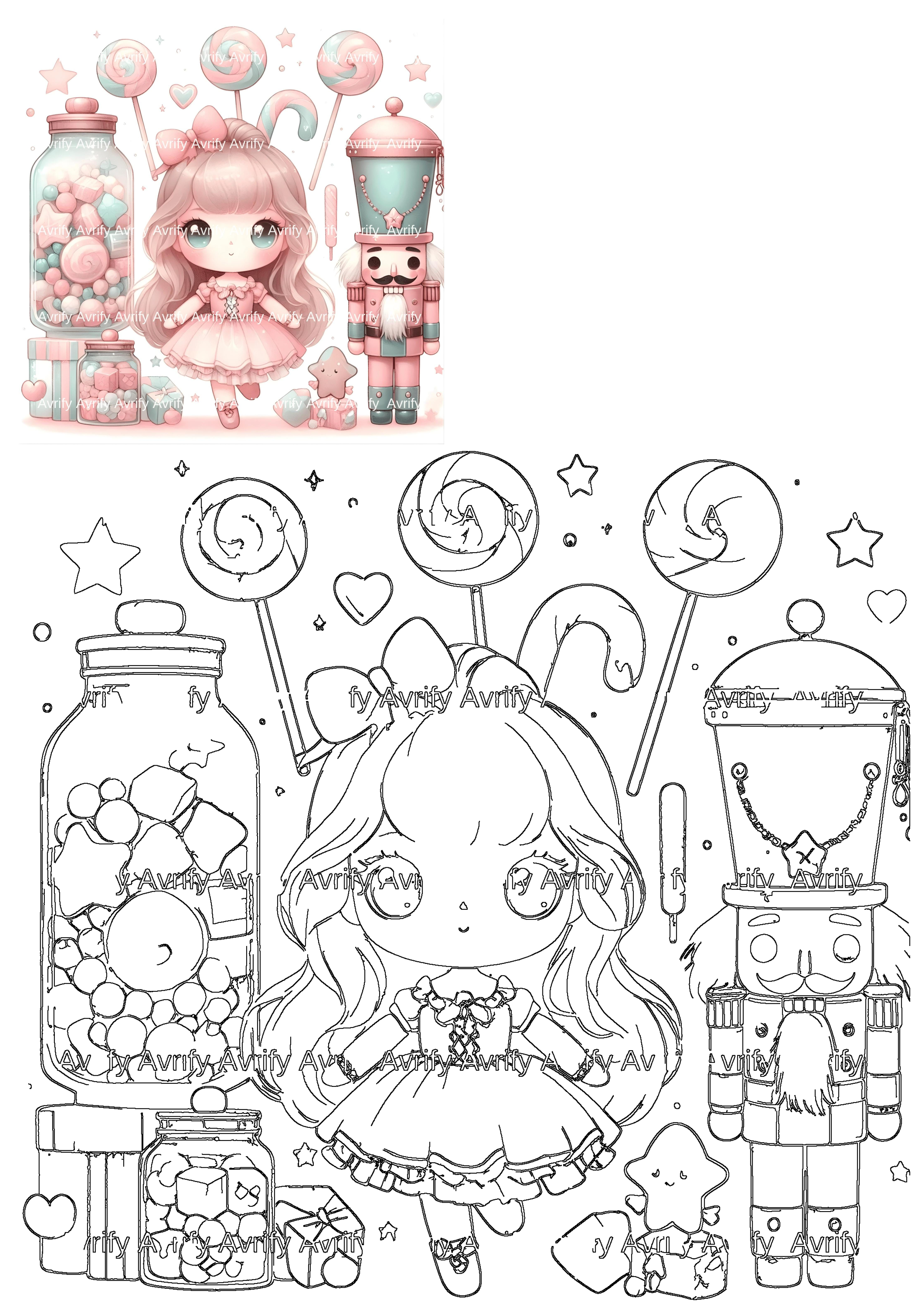 Cute chibi girl in a pink dress with a nutcracker, jars of candies, and lollipops in soft pastel pink and teal tones.