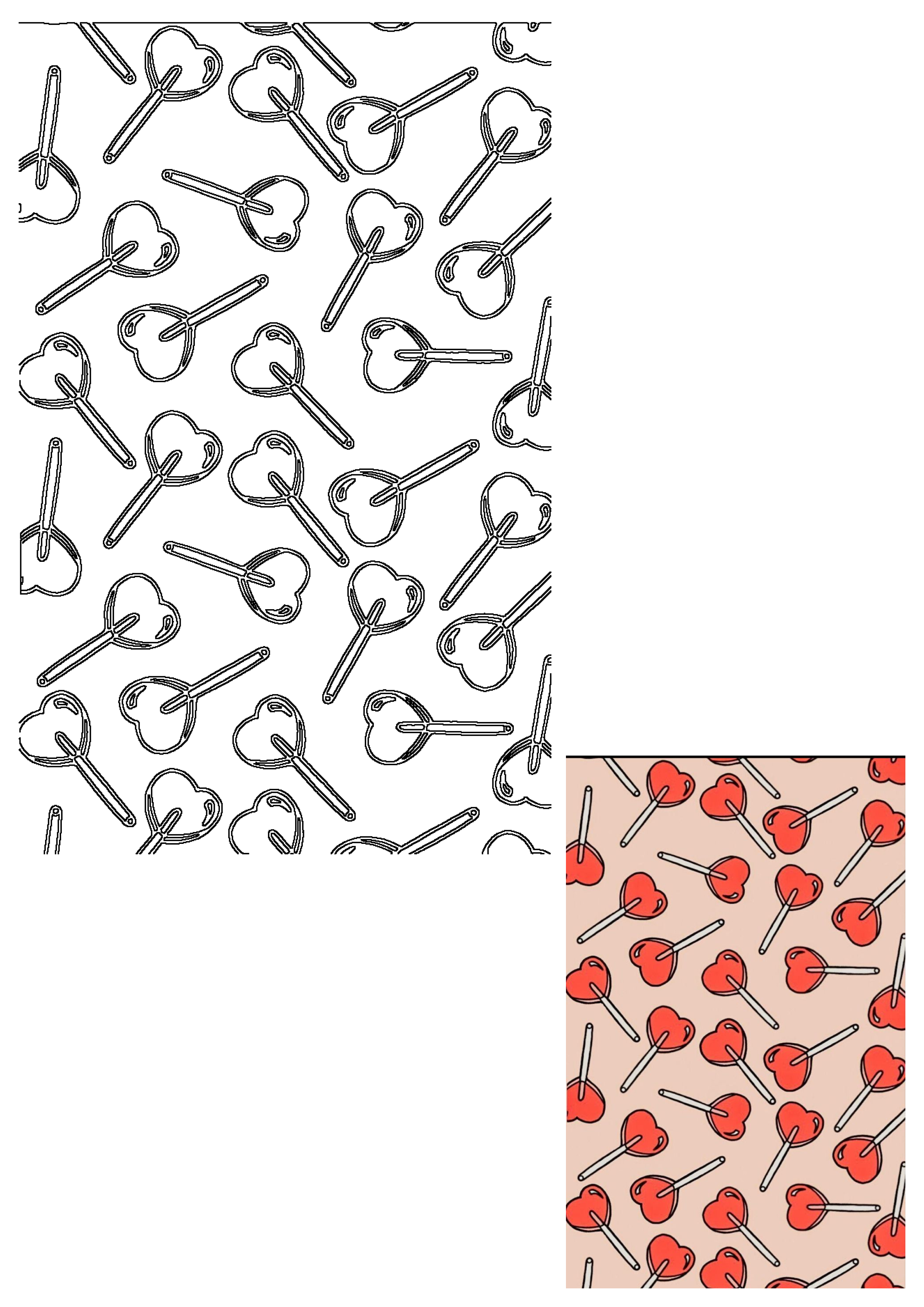 Valentine's Day sweet treat pattern with both outlined and colored red heart-shaped lollipops on a light pink background.