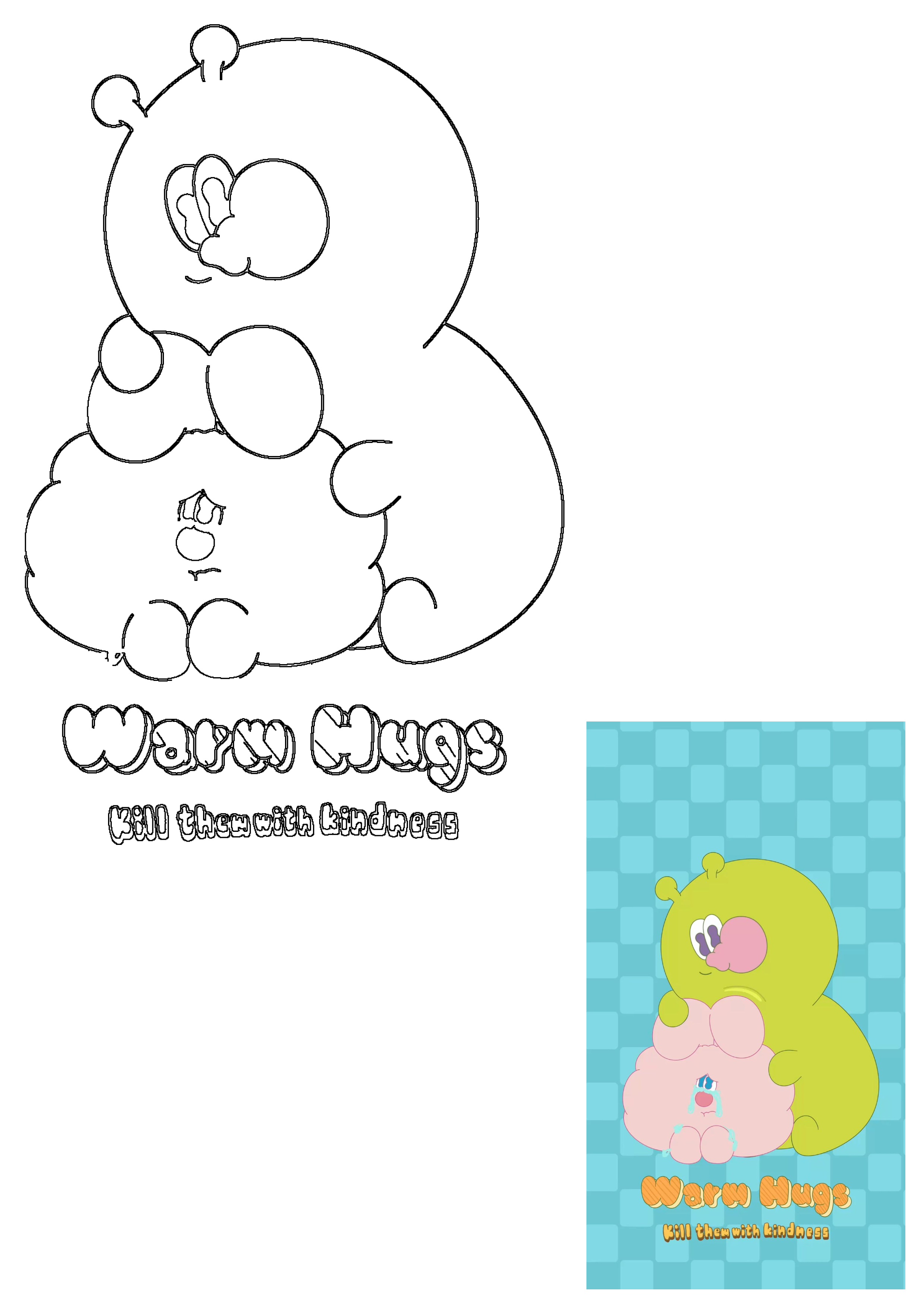 Kingjun wallpaper featuring cute green and pink blob cartoon characters sharing warm hugs. Includes a crying character and the message 'Kill Them With Kindness' on a blue checkered background.