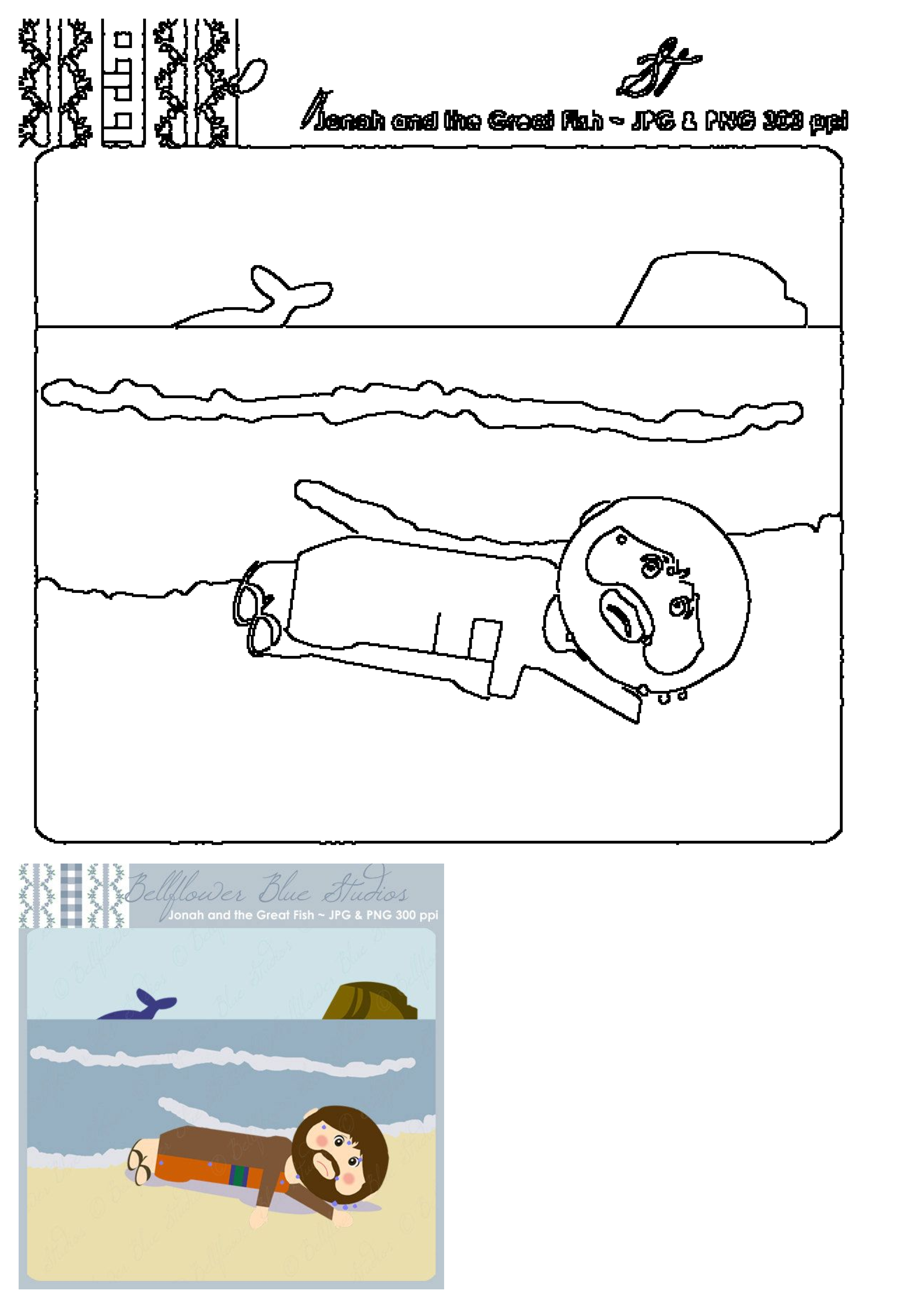 An illustration of Jonah and the Great Fish Bible story, depicting Jonah delivered to a sandy beach with the whale's tail visible.