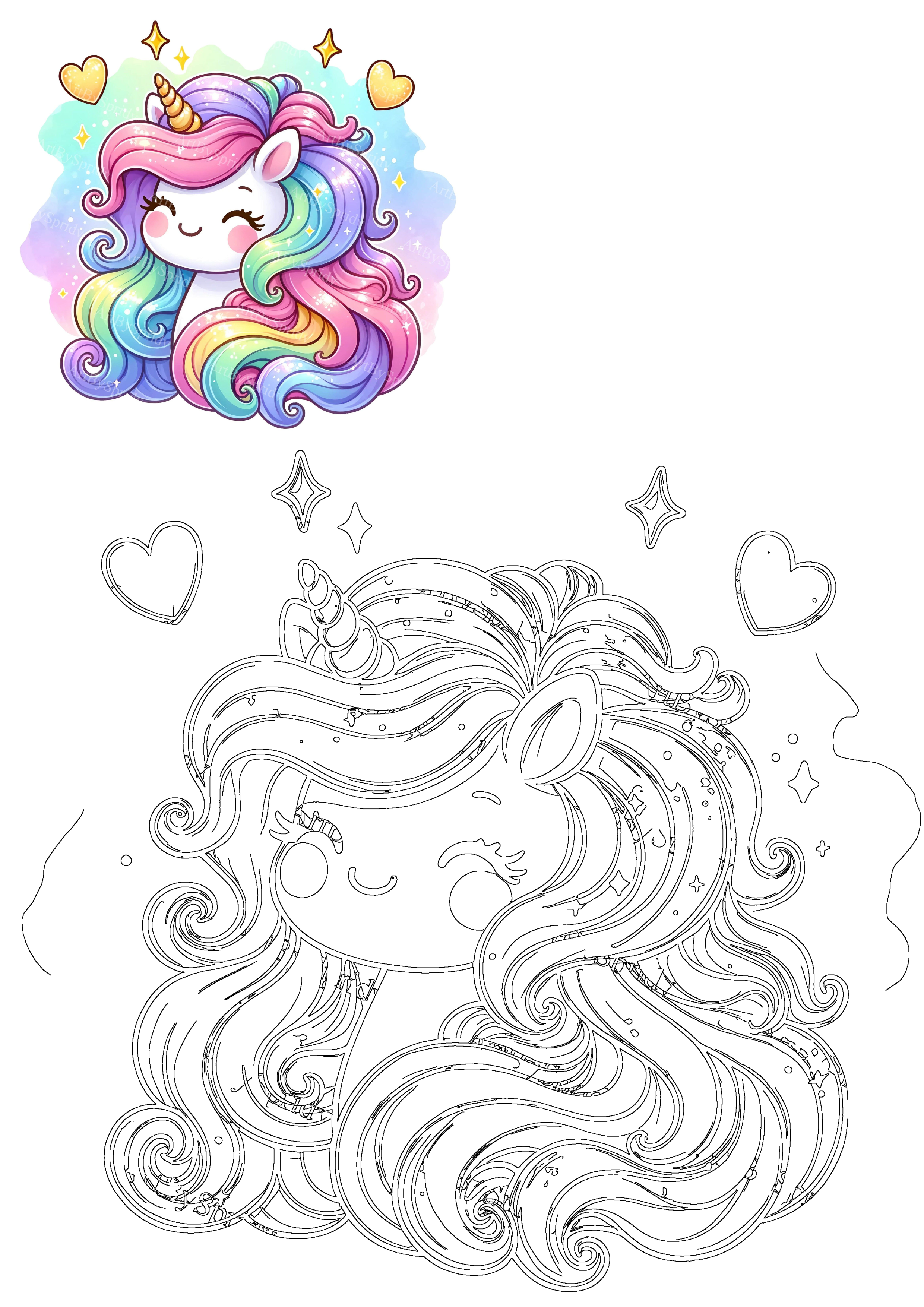 Cute unicorn illustration with vibrant rainbow mane and golden horn, paired with its detailed outline version.