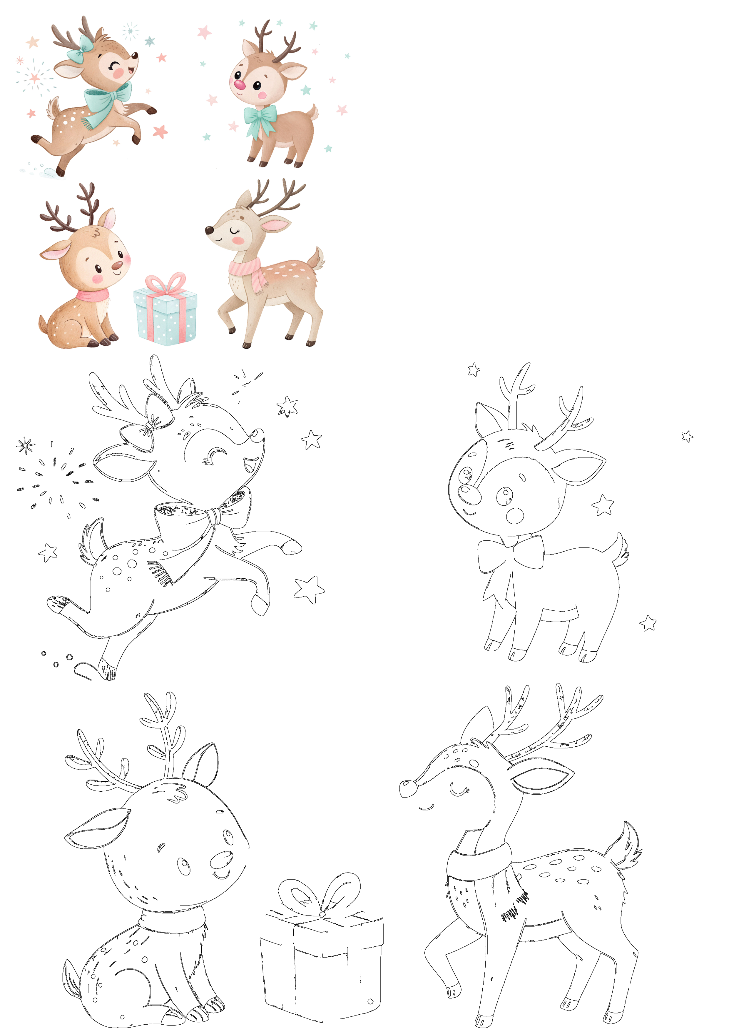 Collection of cute baby reindeers in various poses, featuring vibrant cartoon illustrations and black outline designs with gifts and stars.