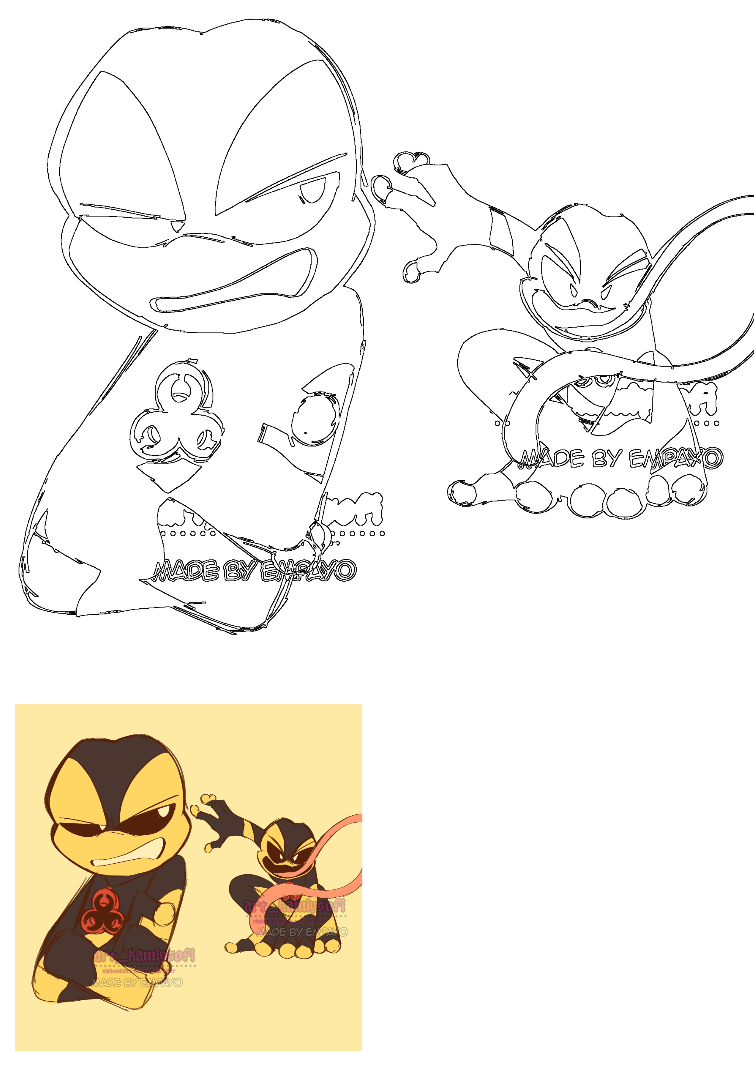 Kamiysofi & Empayo artwork of Deymos & a critter. Features fierce, frog-like characters in black line art & colored black/yellow/red versions.