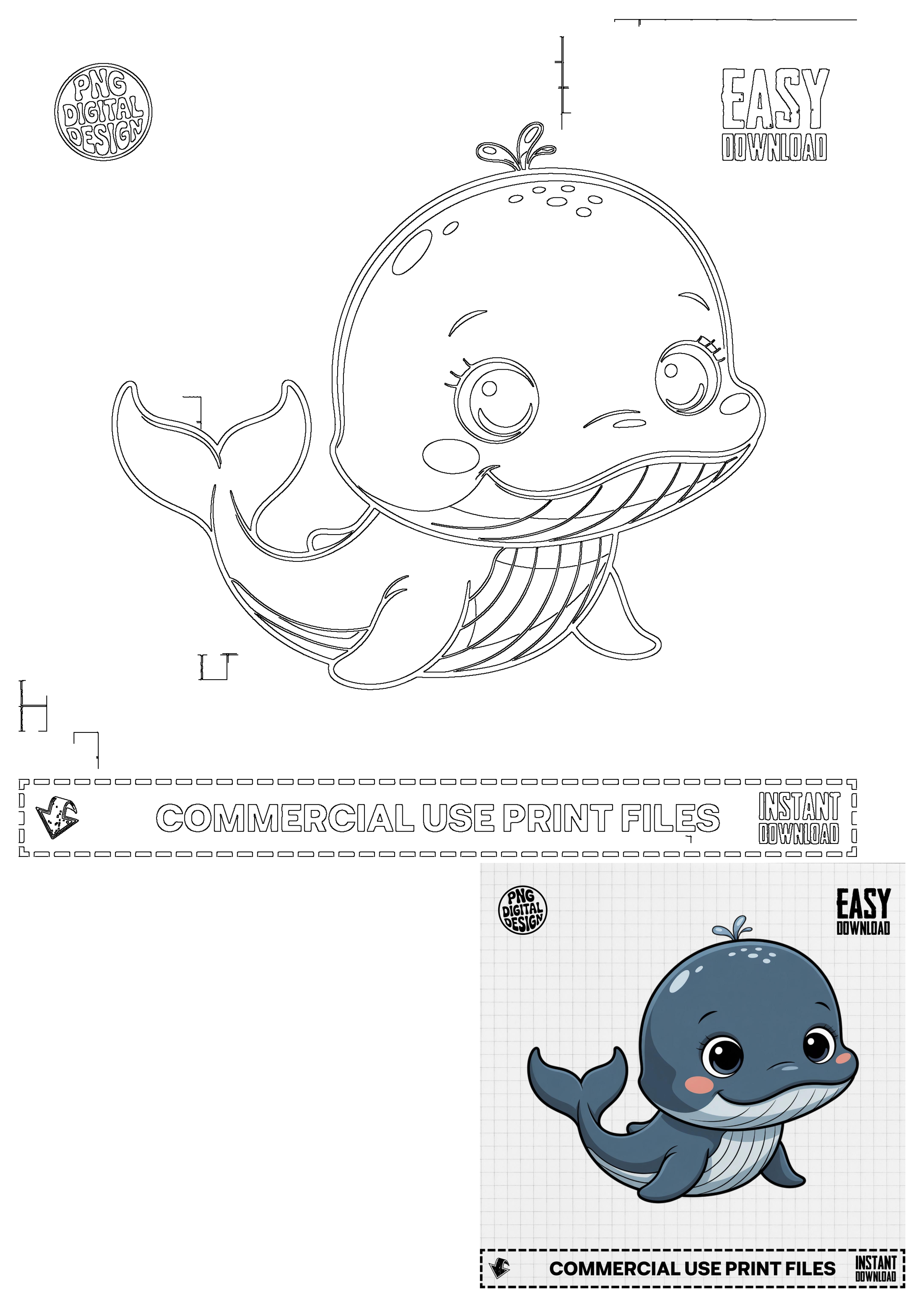 Adorable baby whale cartoon clipart digital design. A charming and friendly illustration of an underwater creature, perfect for kids' projects.