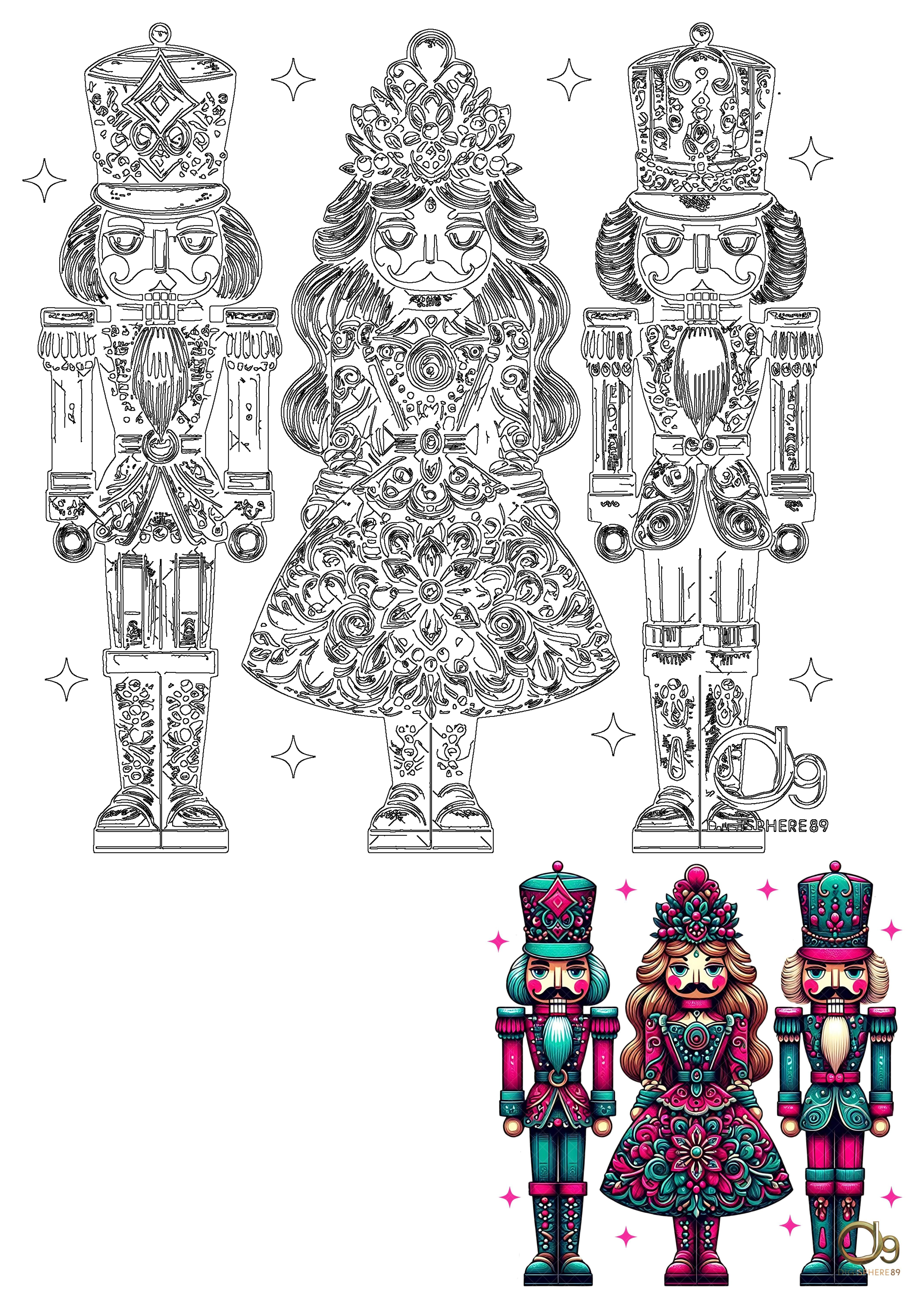 Vibrant nutcracker soldier and queen designs with intricate patterns, presented as detailed line art and richly colored illustrations.