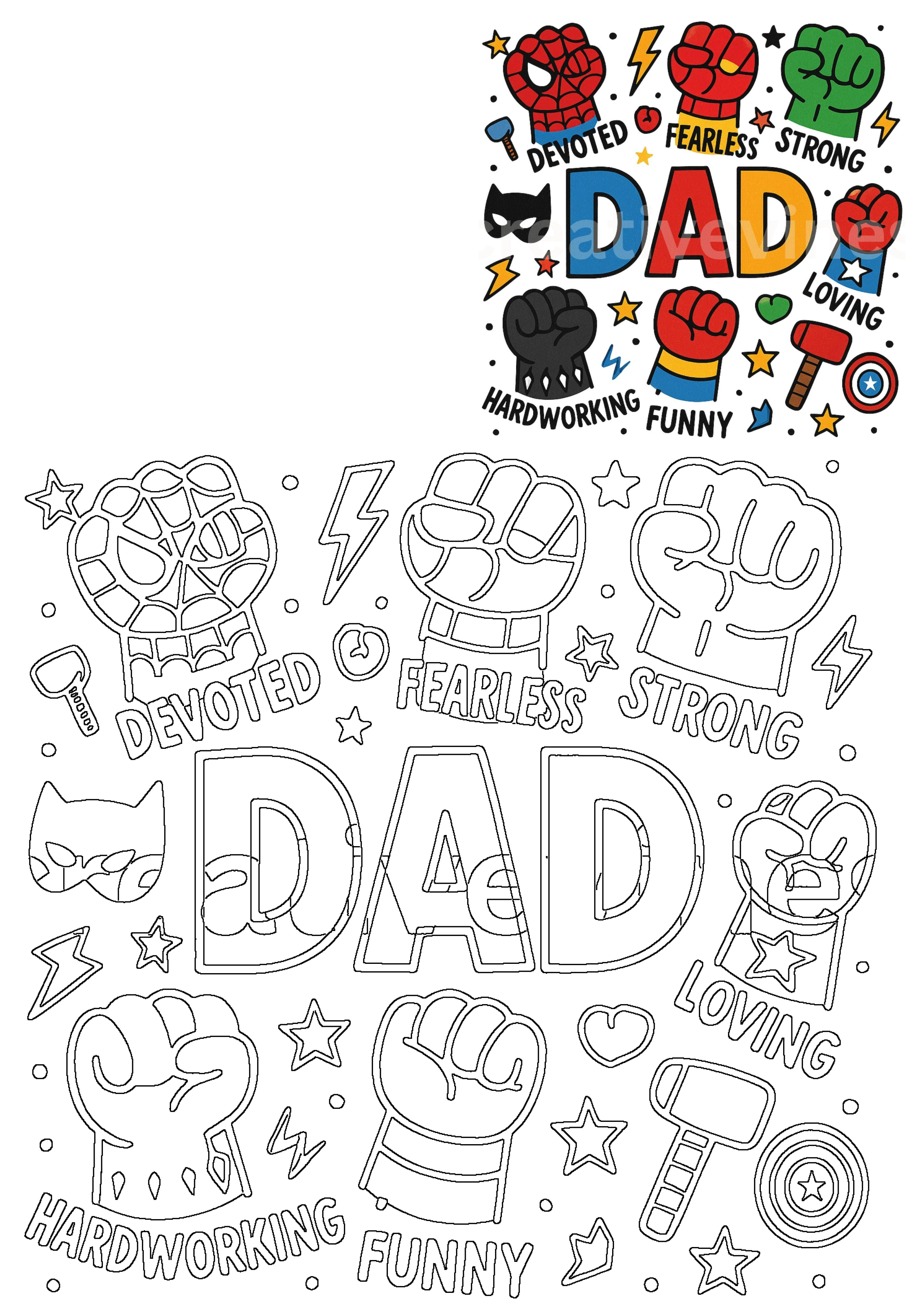 A colorful and outline graphic celebrating dads with superhero fists, masks, and attributes like devoted, fearless, strong, loving, hardworking.