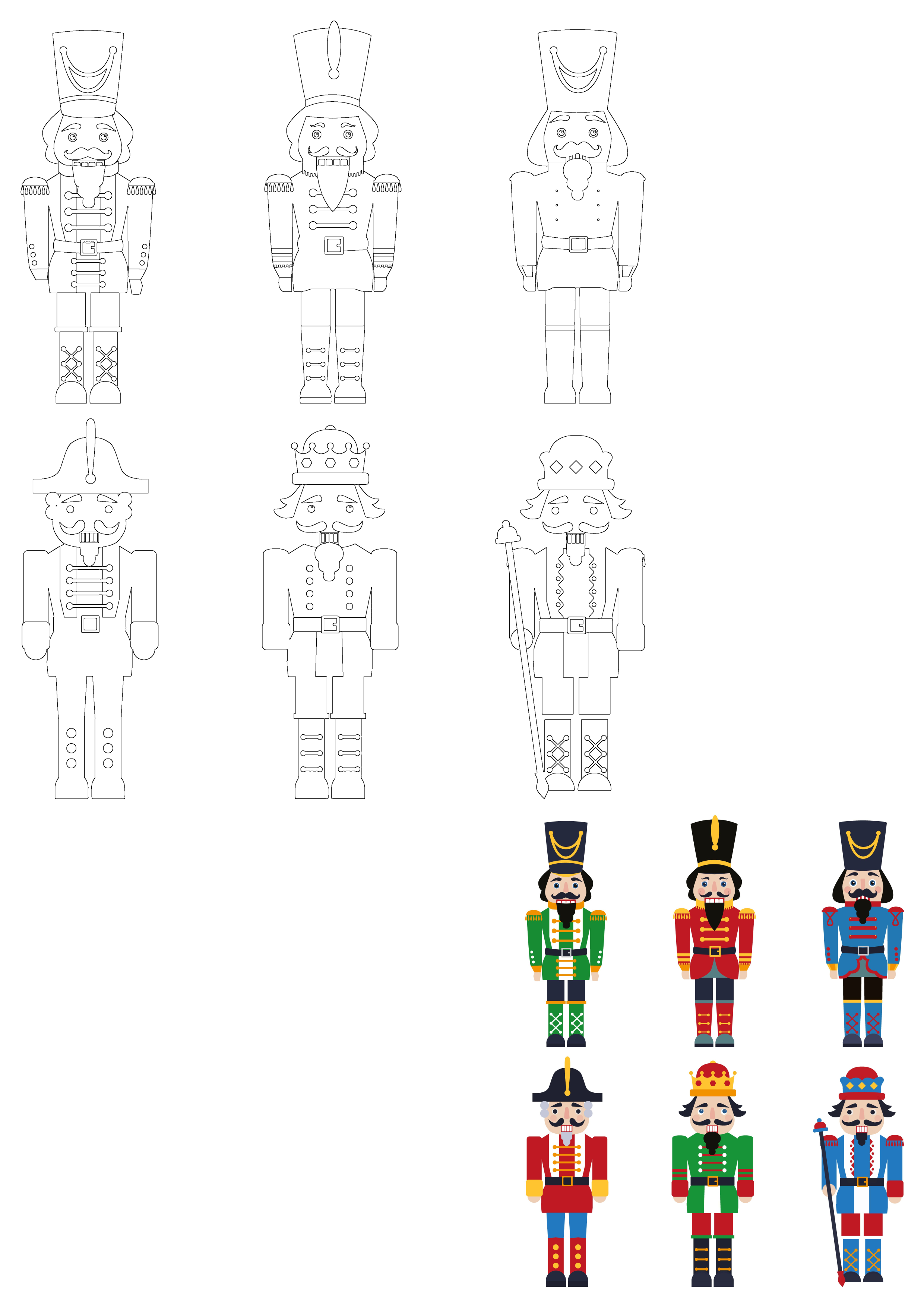 A collection of various nutcracker designs, featuring both black and white outlines and vibrant full-color illustrations of soldiers and kings.