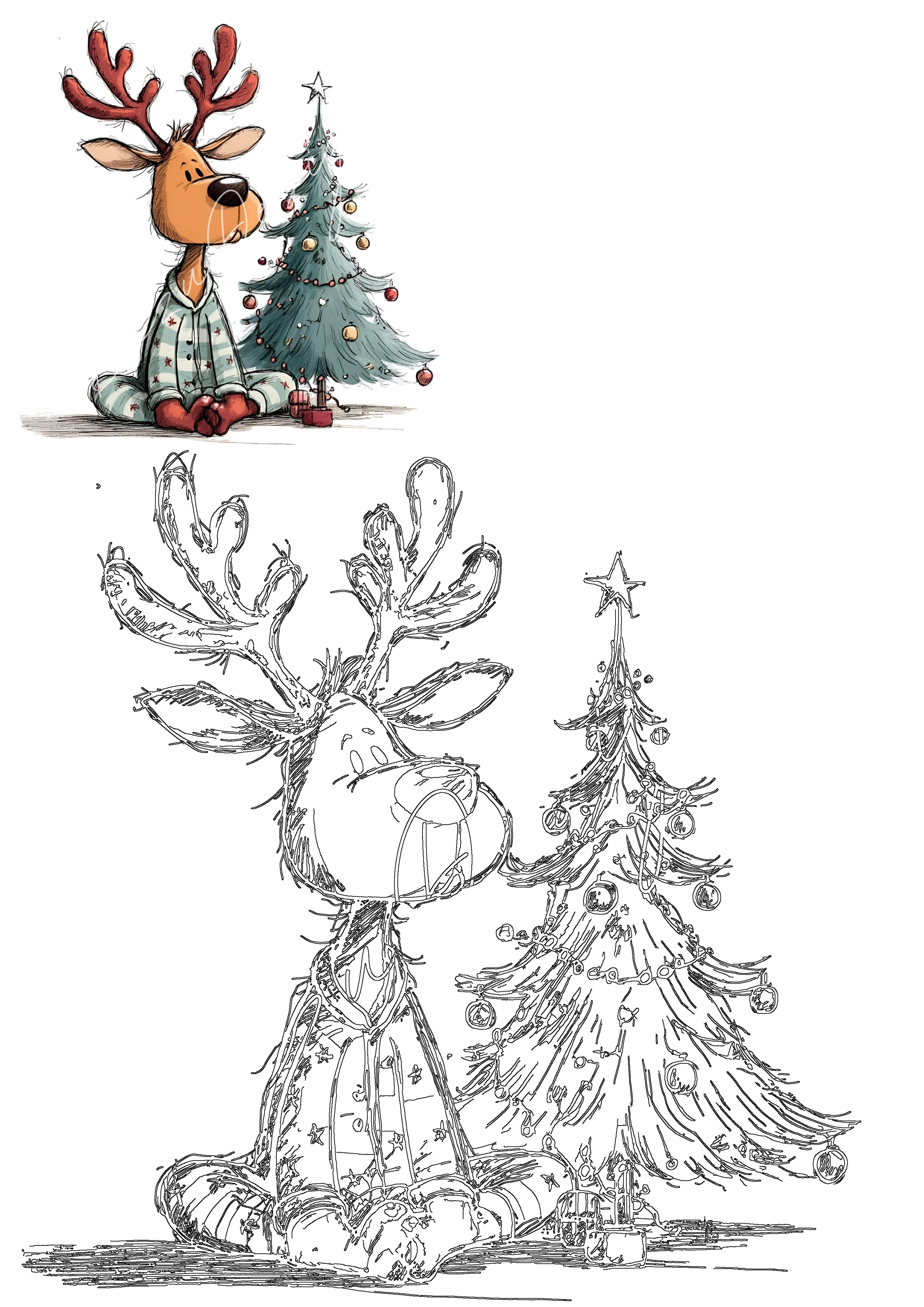 A festive illustration showing a cute reindeer in pajamas next to a Christmas tree, complete with a detailed black and white line art version.