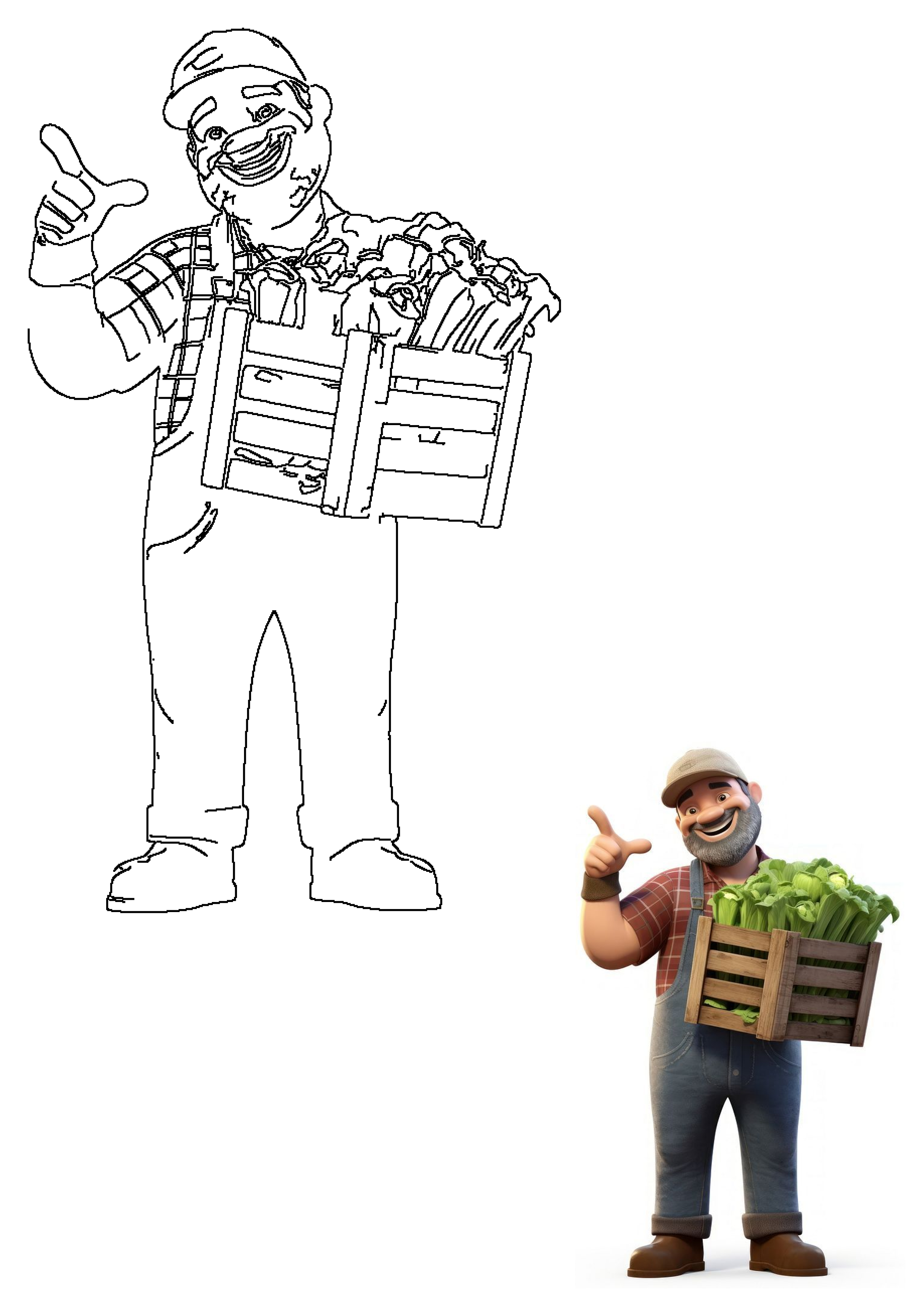 A happy farmer character in overalls and a cap, smiling and holding a wooden box filled with fresh green produce, giving a thumbs-up gesture.