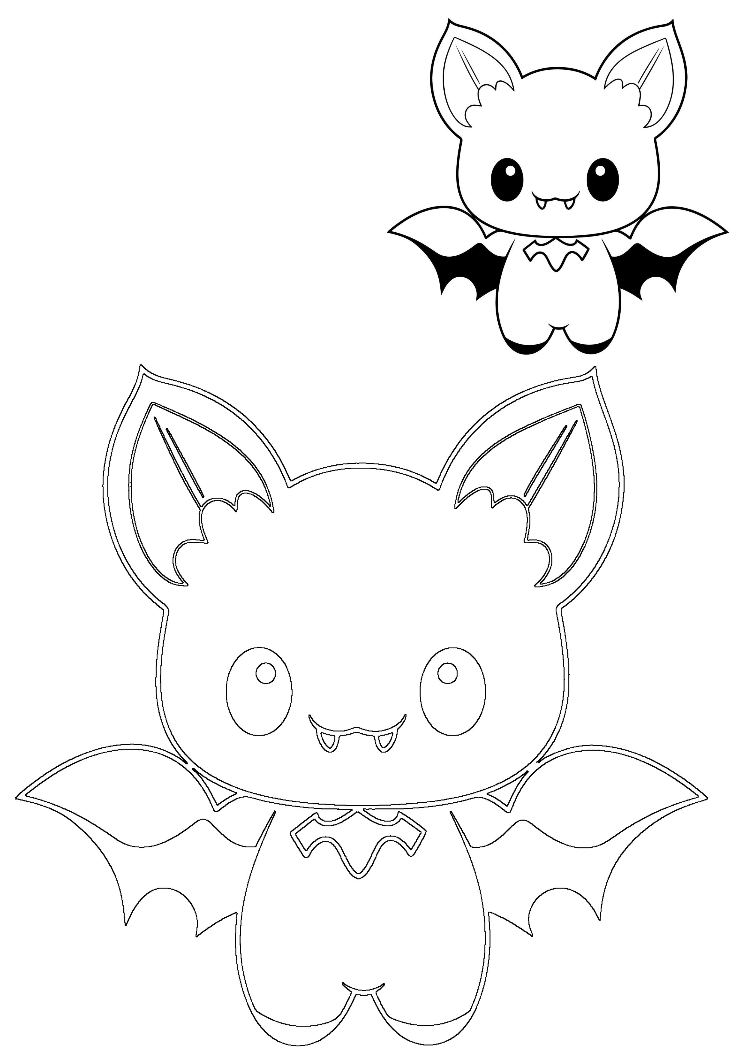 Cute Halloween bat coloring page featuring a kawaii bat outline ready to be filled with colors, alongside a small, vibrant example.
