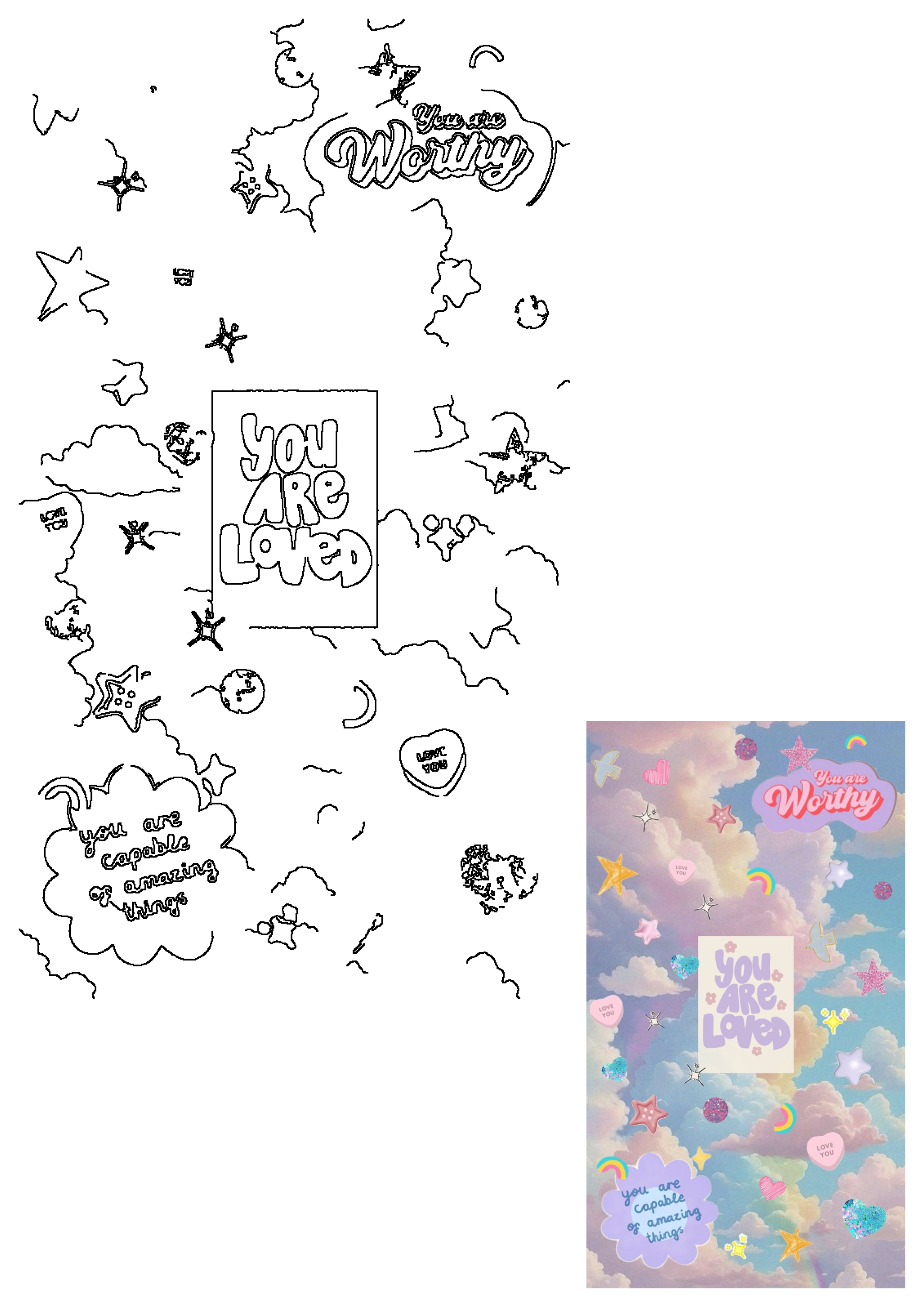 Uplifting pastel wallpaper with positive affirmations, featuring soft clouds, sparkling stars, hearts, and colorful rainbows.