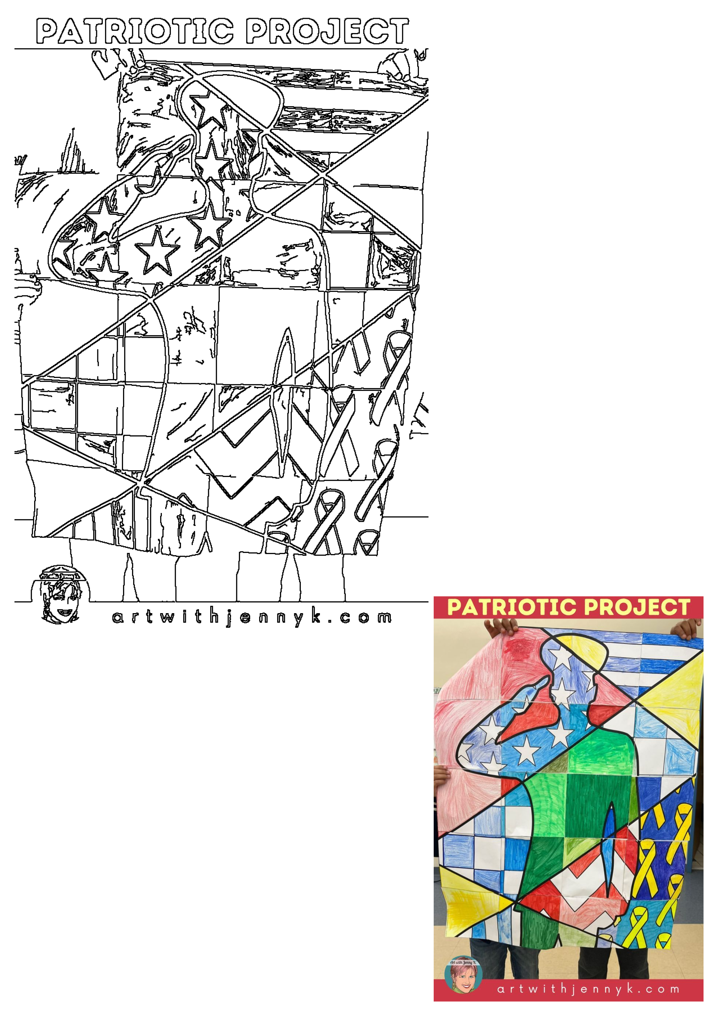 Striking patriotic art project featuring a saluting soldier silhouette within a geometric American flag design, adorned with support ribbons.