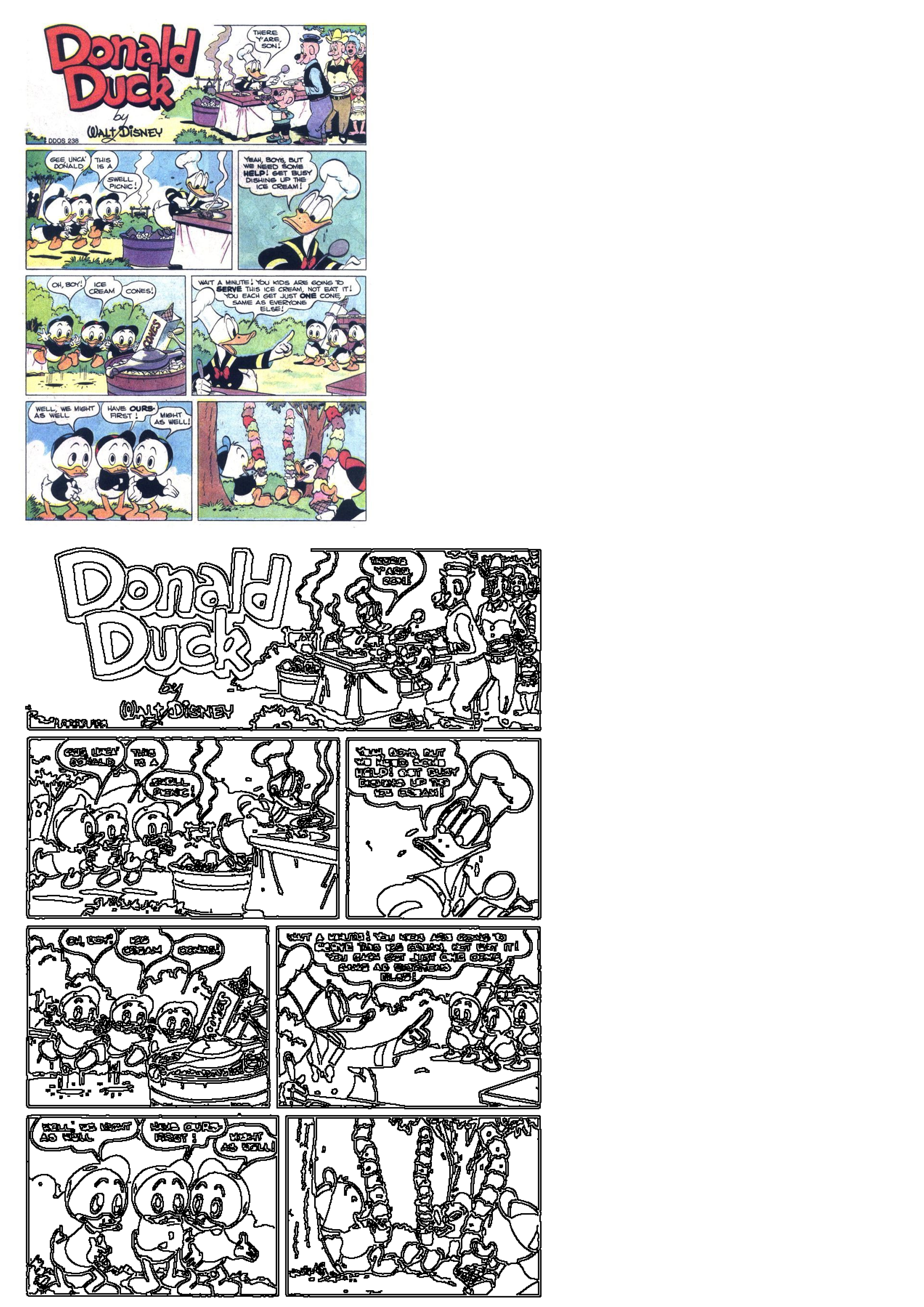 Classic Donald Duck comic strip featuring Donald and his nephews enjoying a lively ice cream picnic outdoors.