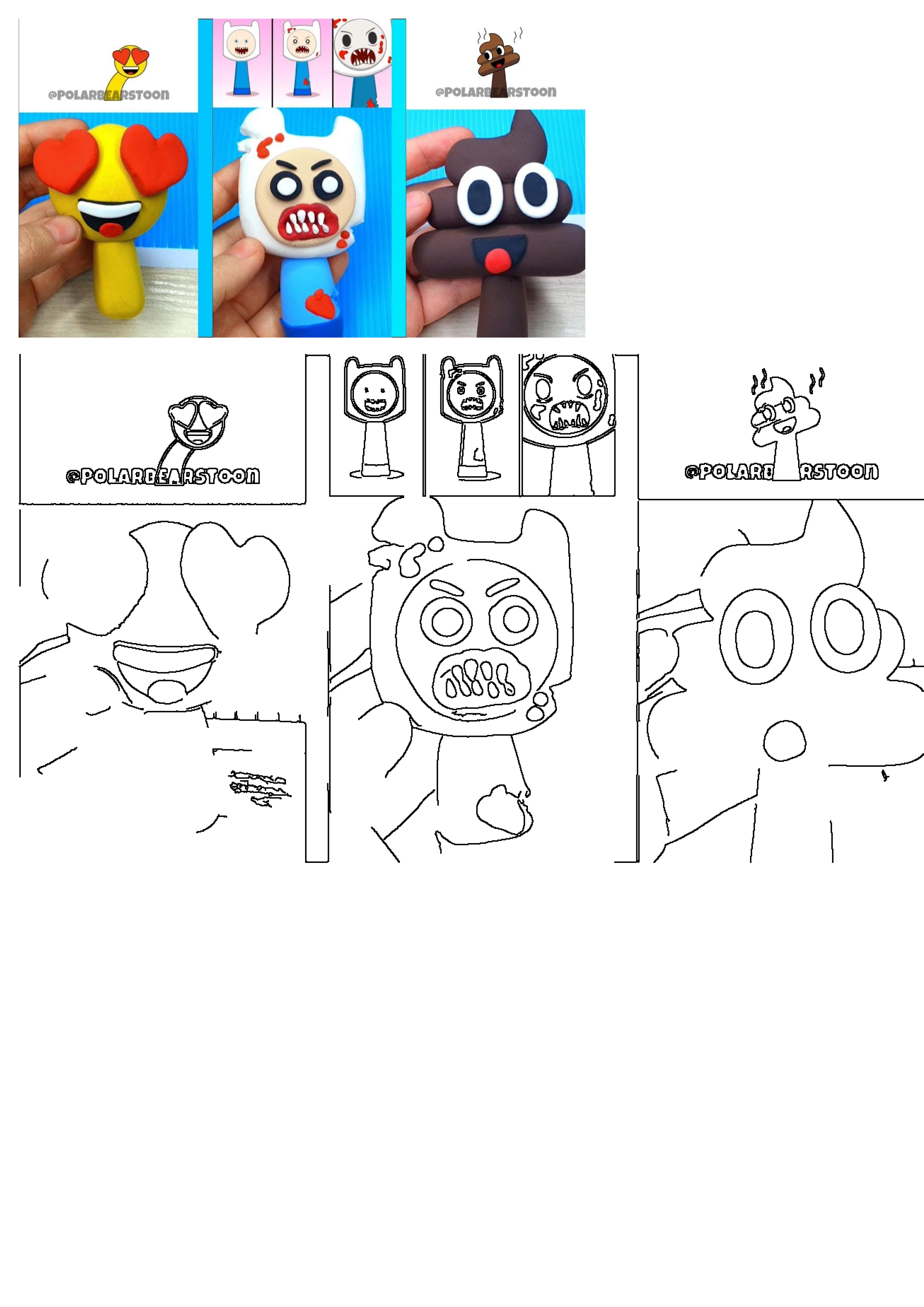 Creative clay art featuring a heart-eye emoji, a monstrous Future Finn character, and a fun poop emoji, ideal for craft inspiration.